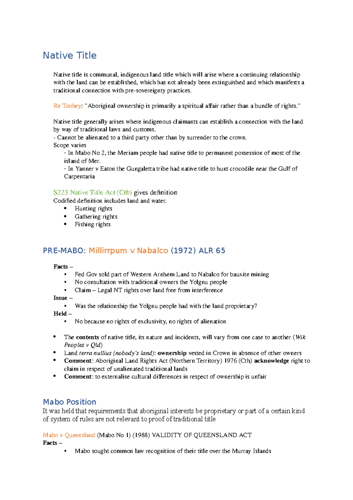 Exam Notes for Native Title - Native Title Native title is communal ...