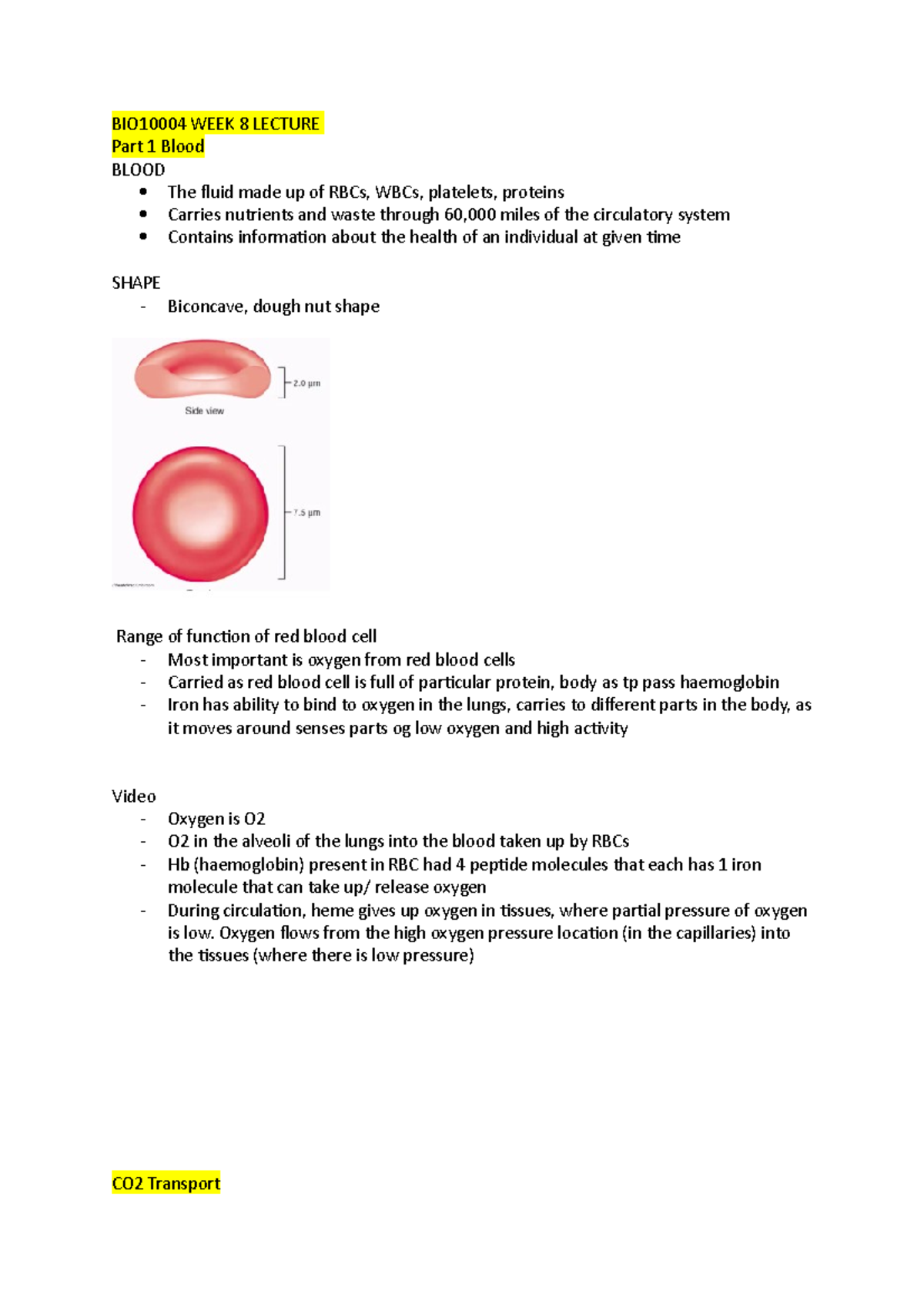 Week 8 Lecture - Notes - BIO10004 WEEK 8 LECTURE Part 1 Blood BLOOD The ...