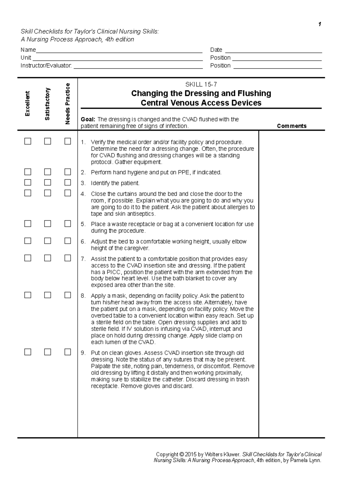 Skill 15.7 CVAD Dressing Change 1 Skill Checklists for Taylor's