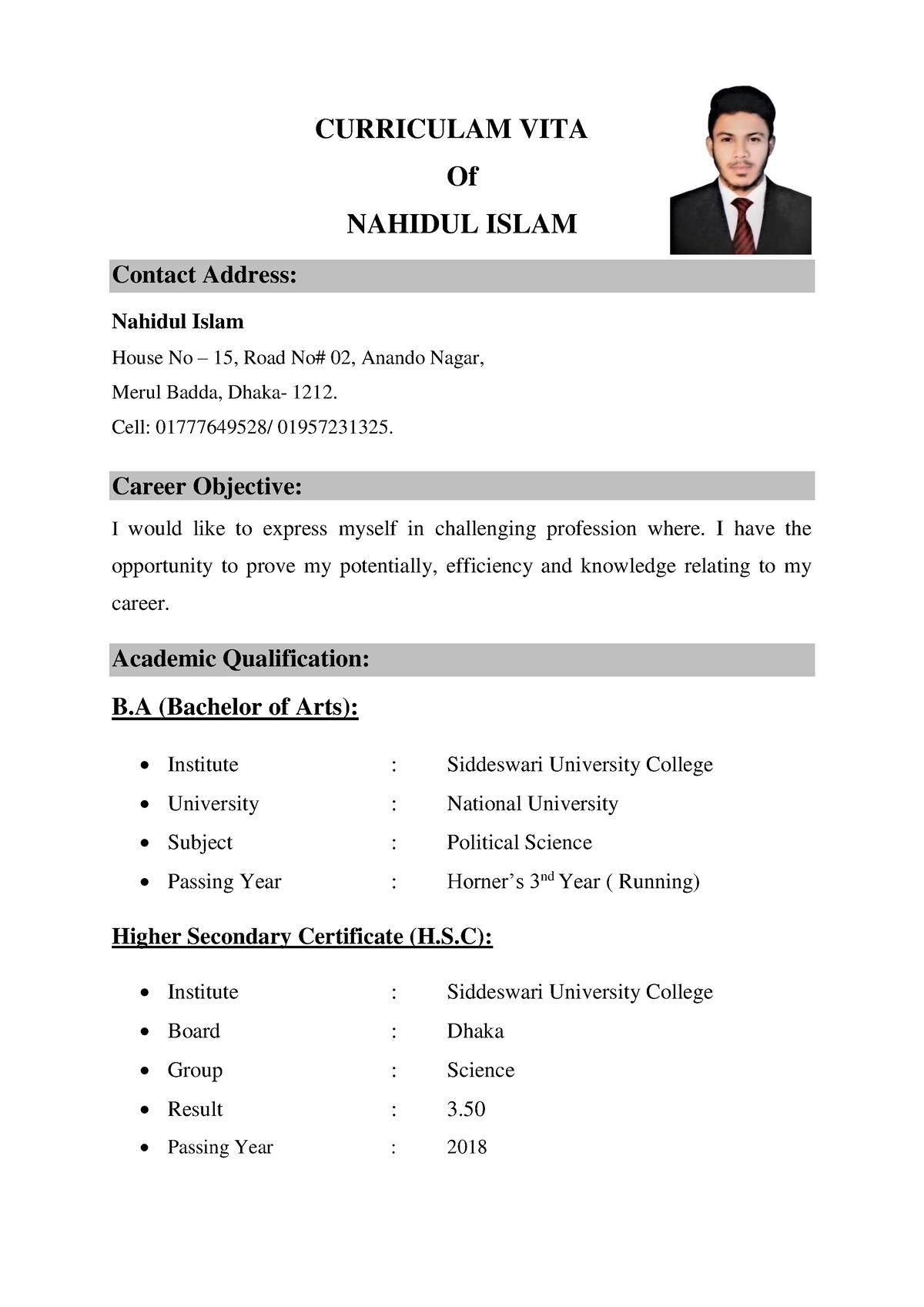 CV of Nahid - CURRICULAM VITA Of NAHIDUL ISLAM Contact Address: Nahidul ...