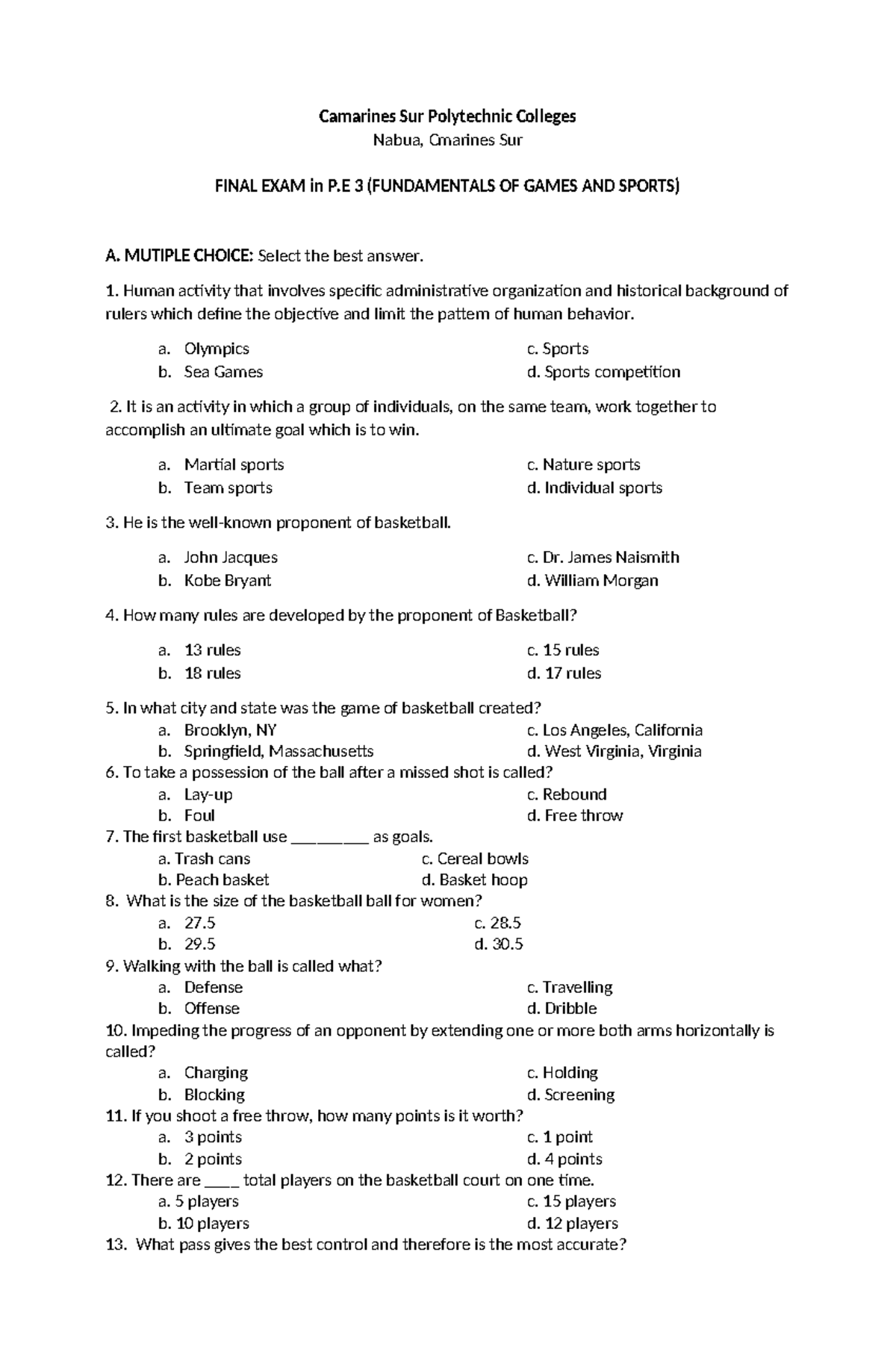 Pe 21 Midterm Exam Edited Camarines Sur Polytechnic Colleges Nabua