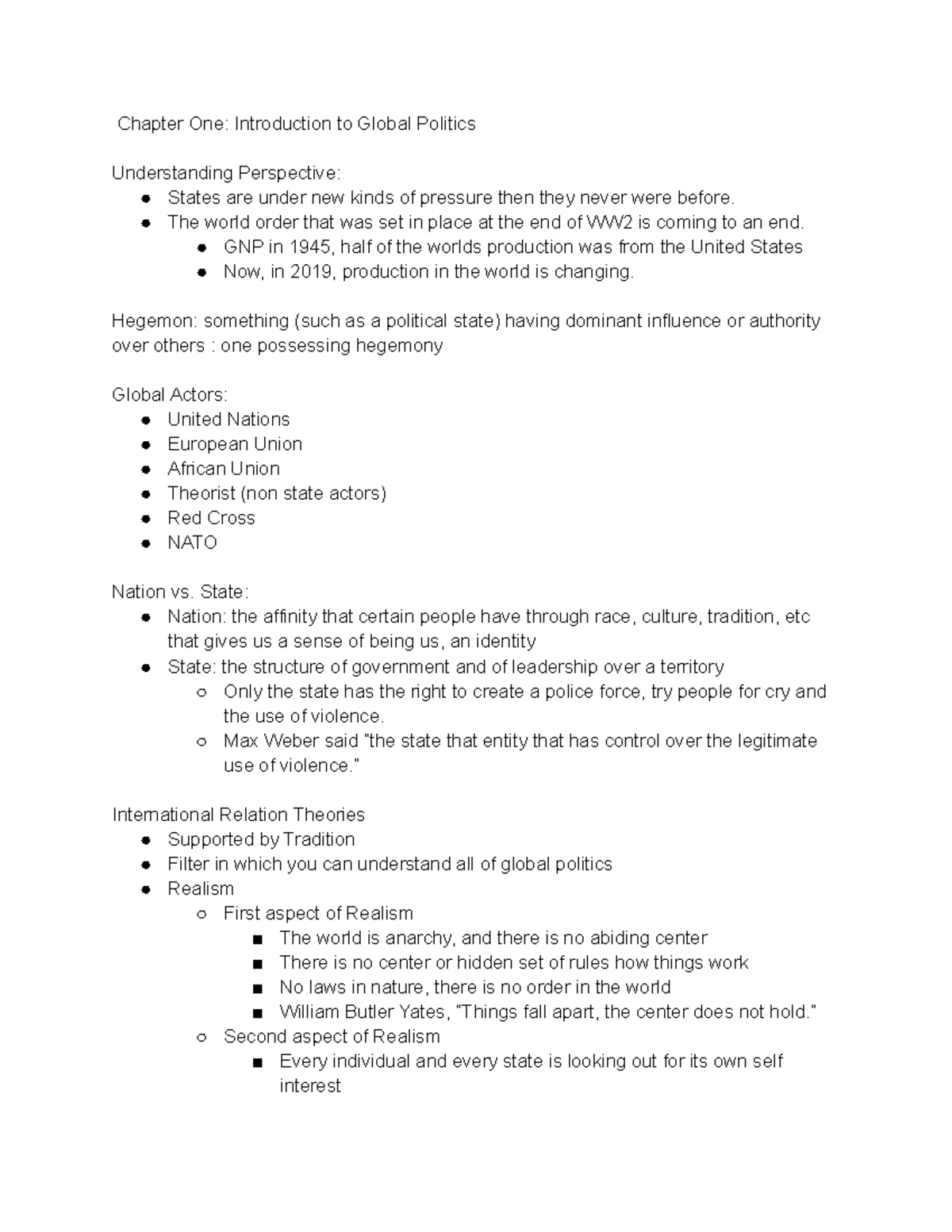 PLSC 102 Notes 1 - Chapter One: Introduction to Global Politics ...