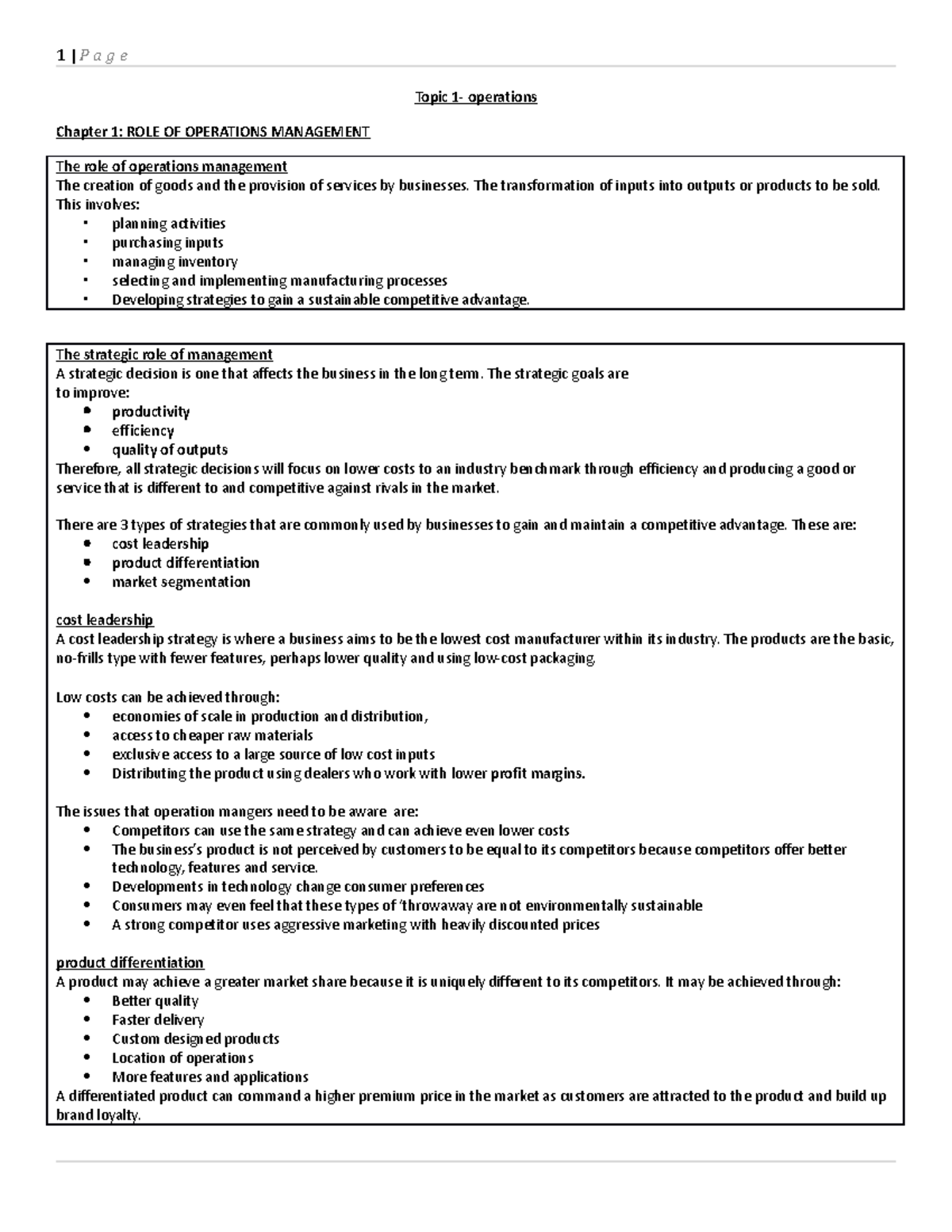 Operations SN - Topic 1- operations Chapter 1: ROLE OF OPERATIONS ...