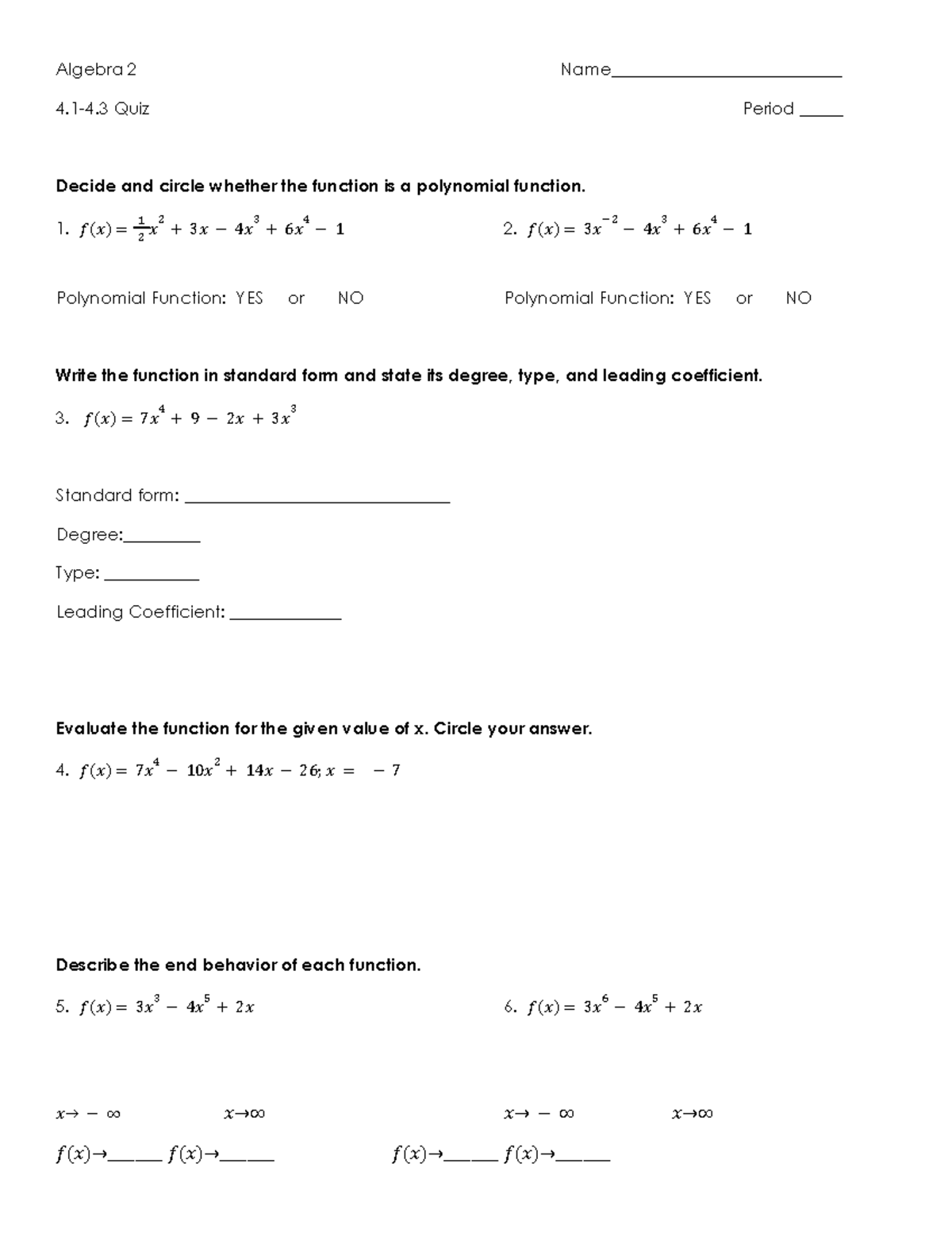 4.1-4.3 Quiz Mathematics Algebra 2 Polynomial Functions - Algebra 2 