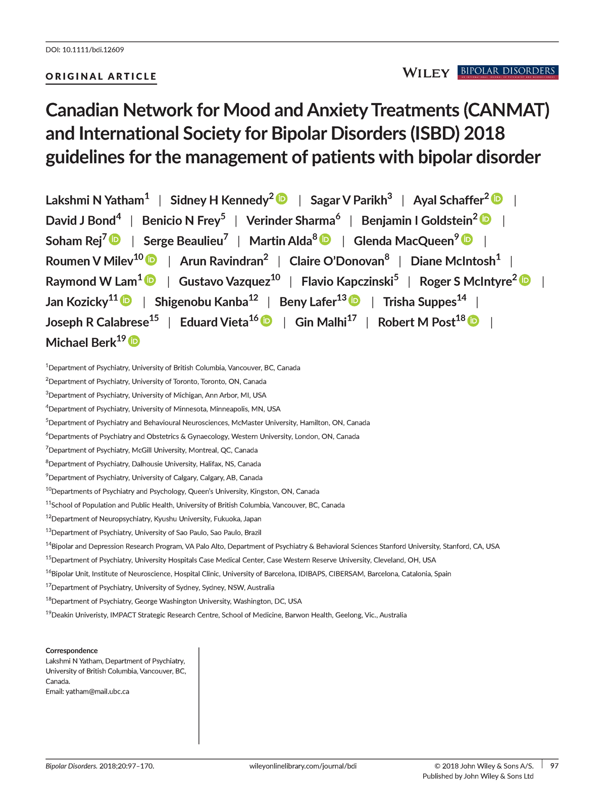 Canmat and ISBD Bipolar Guidelines Yatham et al 2018 Bipolar