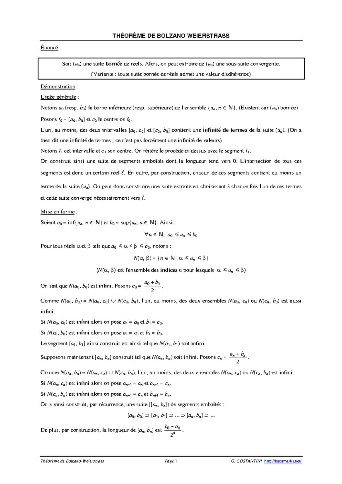 BW Cartan BW Théorème de BolzanoWeierstrass Page 1 G. COSTANTINI — free download