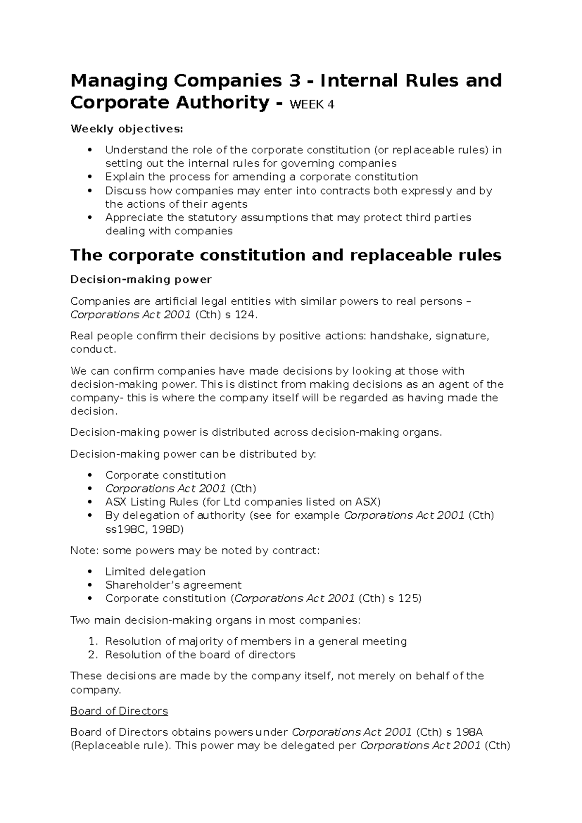 Week 4 - Managing Companies 3 - Internal Rules and Corporate Authority ...