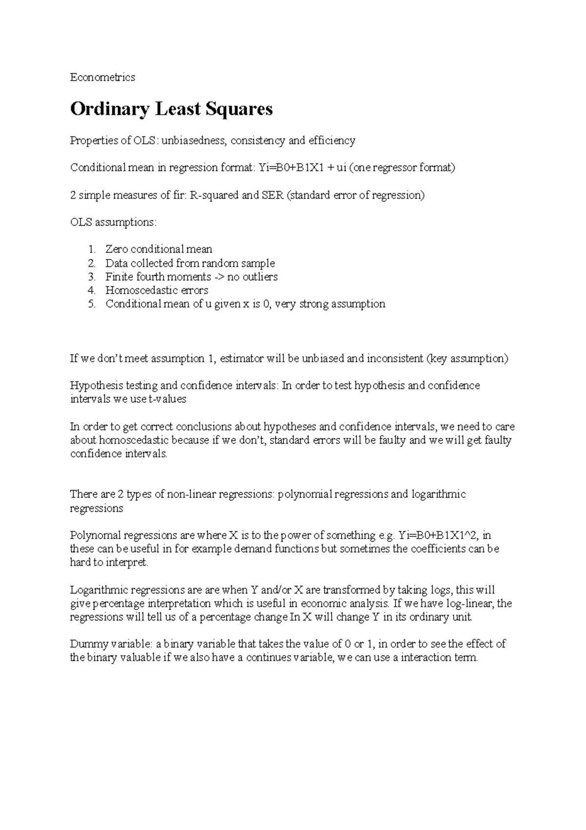 Econometrics - Econometrics Ordinary Least Squares Properties of OLS ...