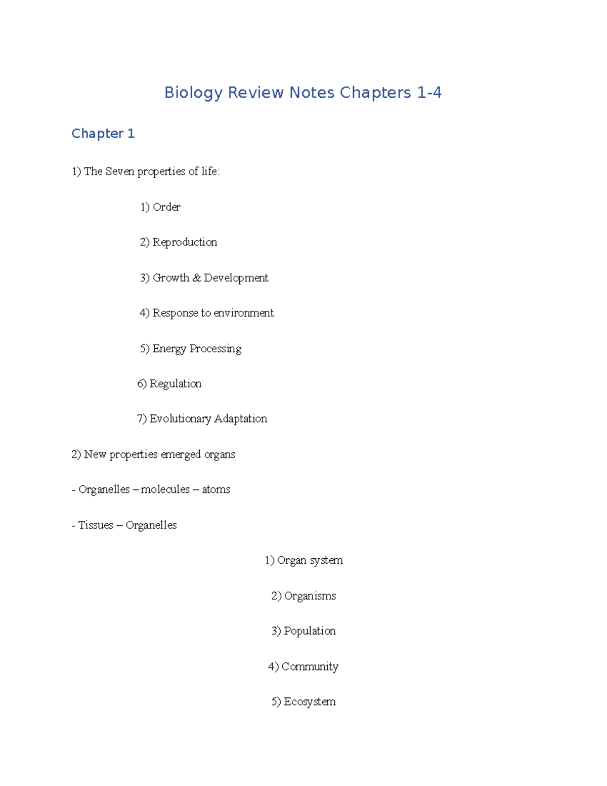 Biology Review Notes Chapters 1-4 - Biology Review Notes Chapters 1 ...