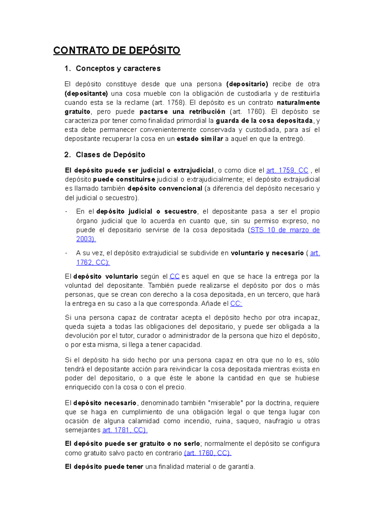 Contrato De Deposito - CONTRATO DE DEPÓSITO 1. Conceptos Y Caracteres ...