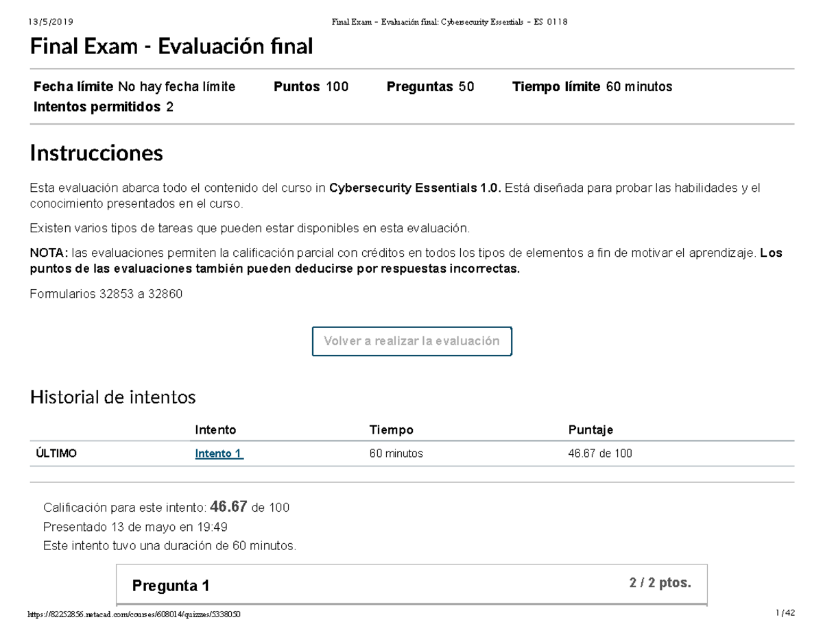 Final Exam Evaluación De Final Del Curso De Ct