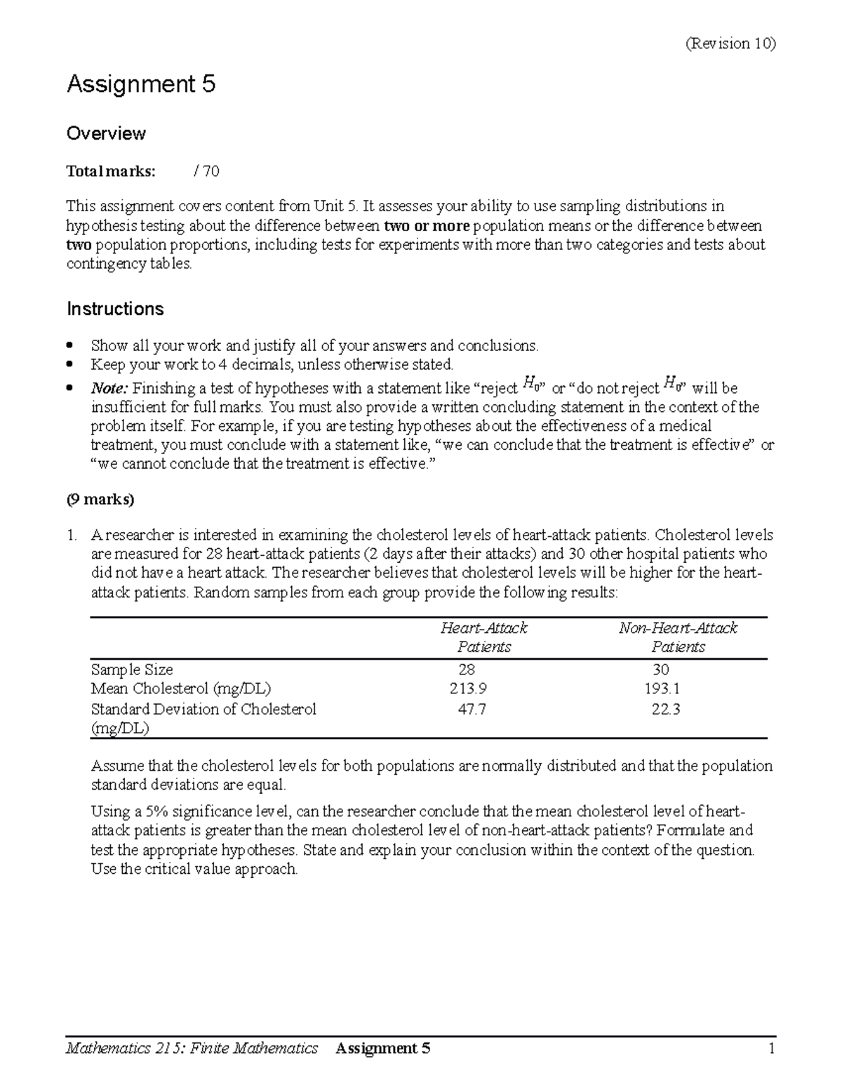 Assignment 05 - assgnment - Assignment 5 Overview Total marks: / 70 ...