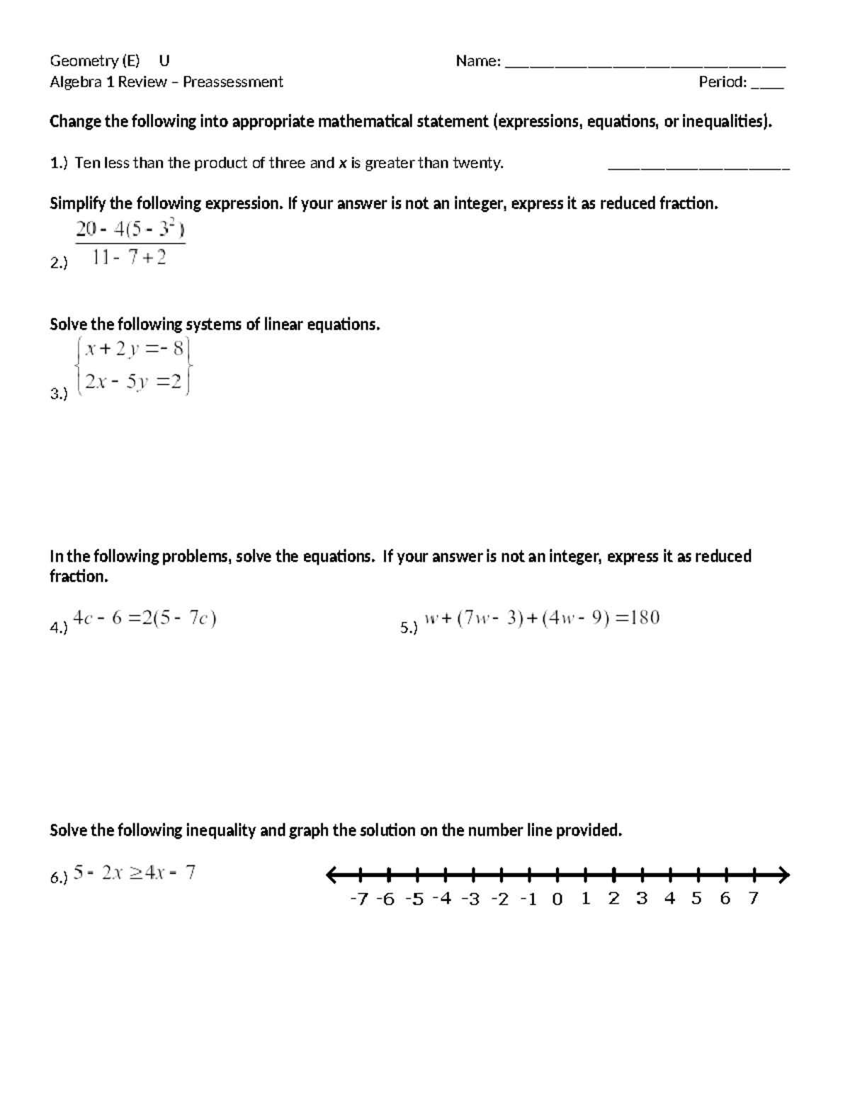 Algebra review preassessment - 2022-23 - Geometry (E) U Name