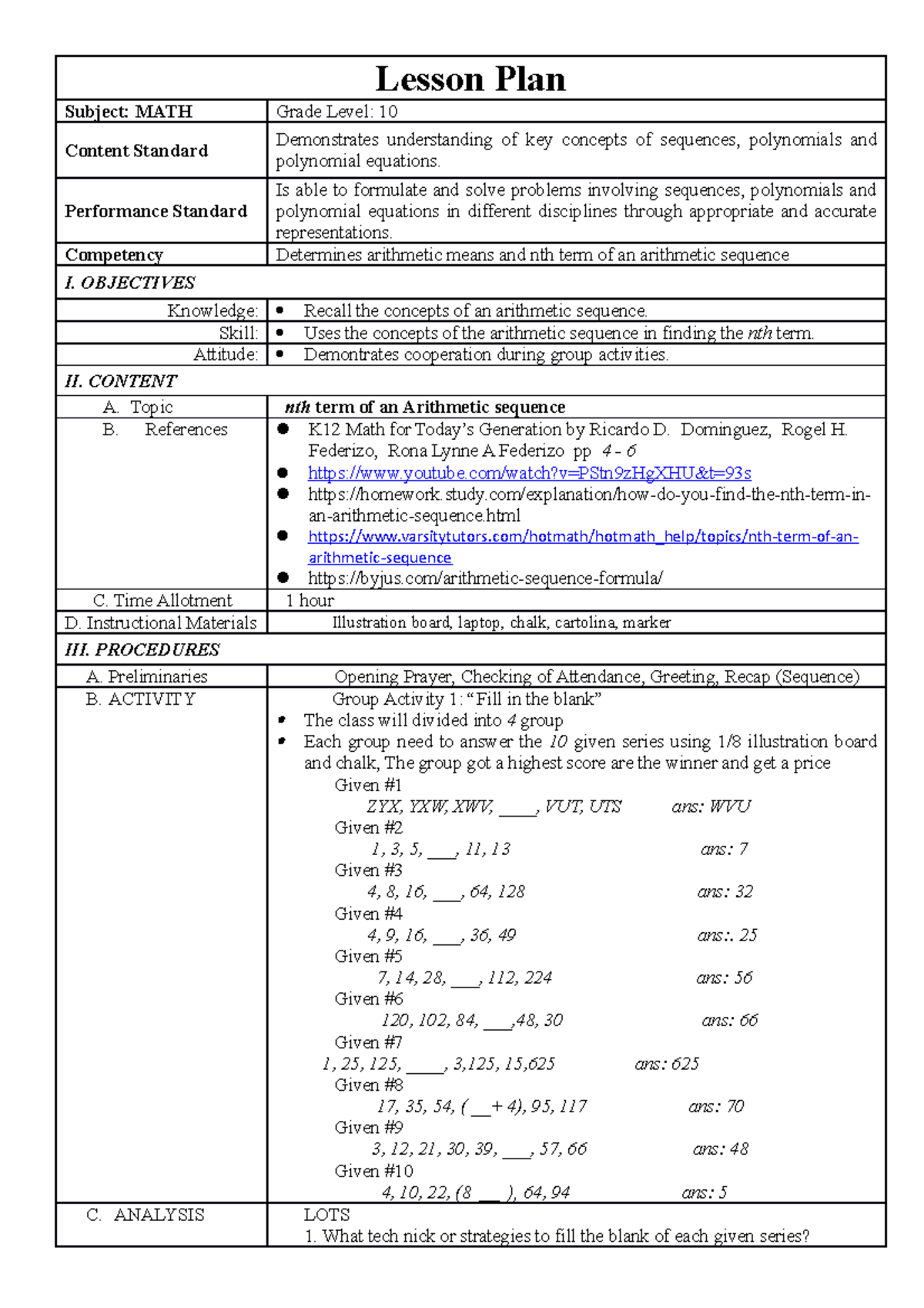 Lesson Plan Demo - materials - Lesson Plan Subject: MATH Grade Level ...