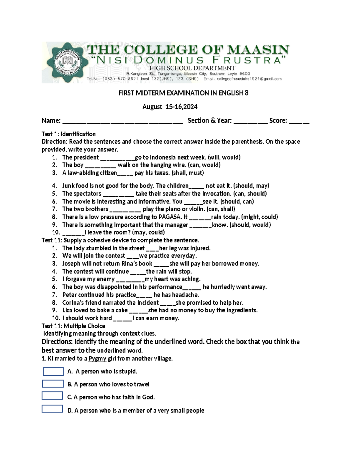 Eng.8 first midterm 2024 - FIRST MIDTERM EXAMINATION IN ENGLISH 8 ...