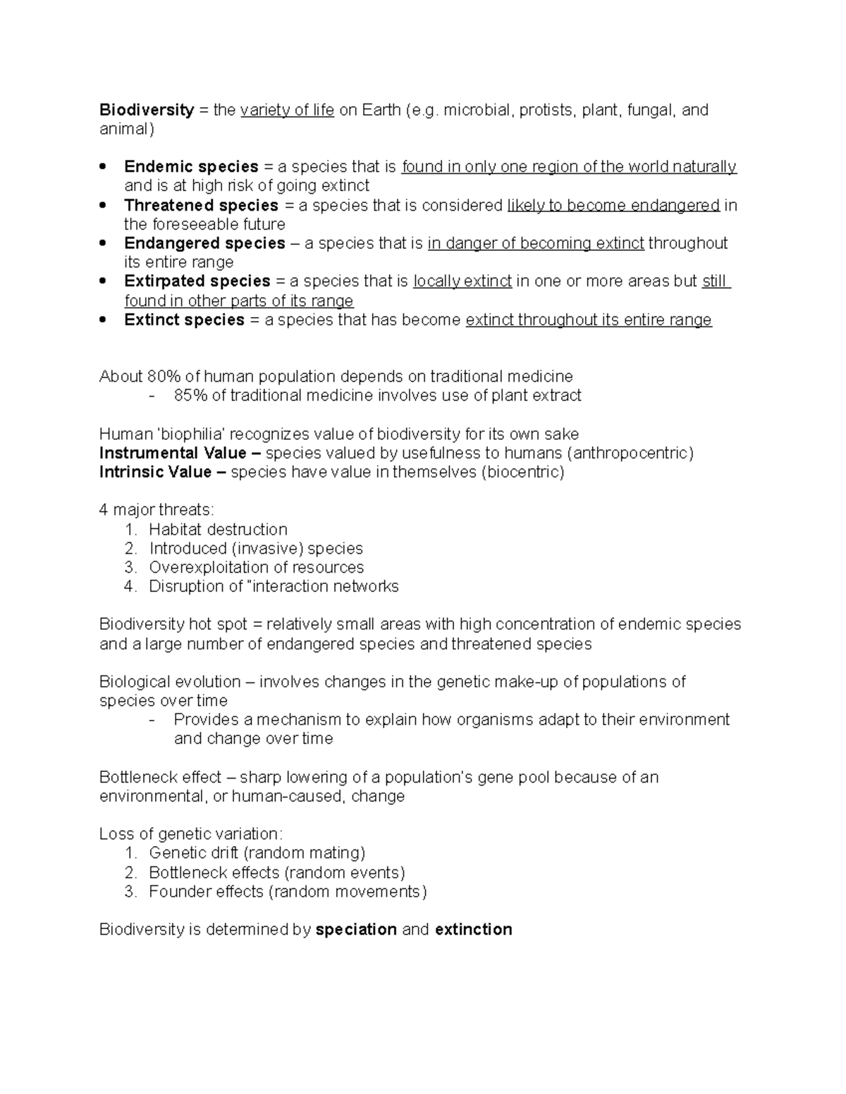 Module 3 Notes - Biodiversity = the variety of life on Earth (e ...
