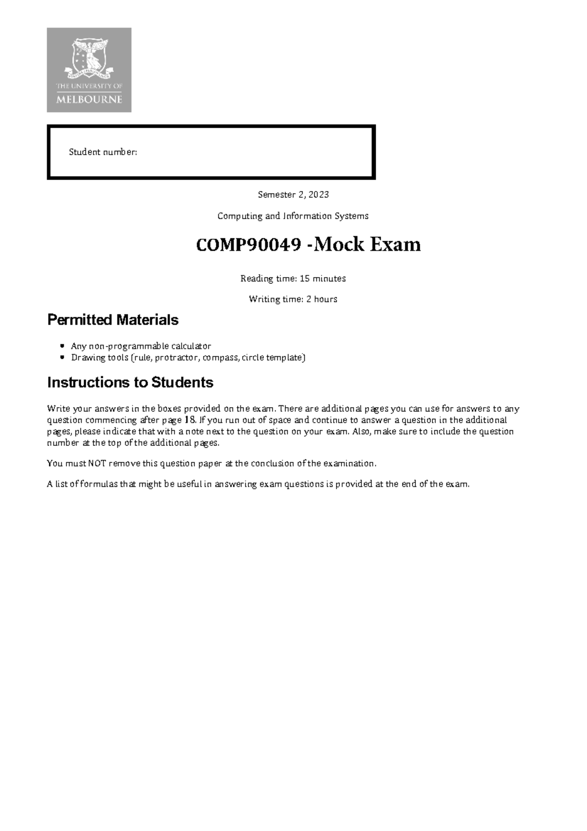 Mock exam S2 2023 - exam - Student number: Semester 2, 2023 Computing ...