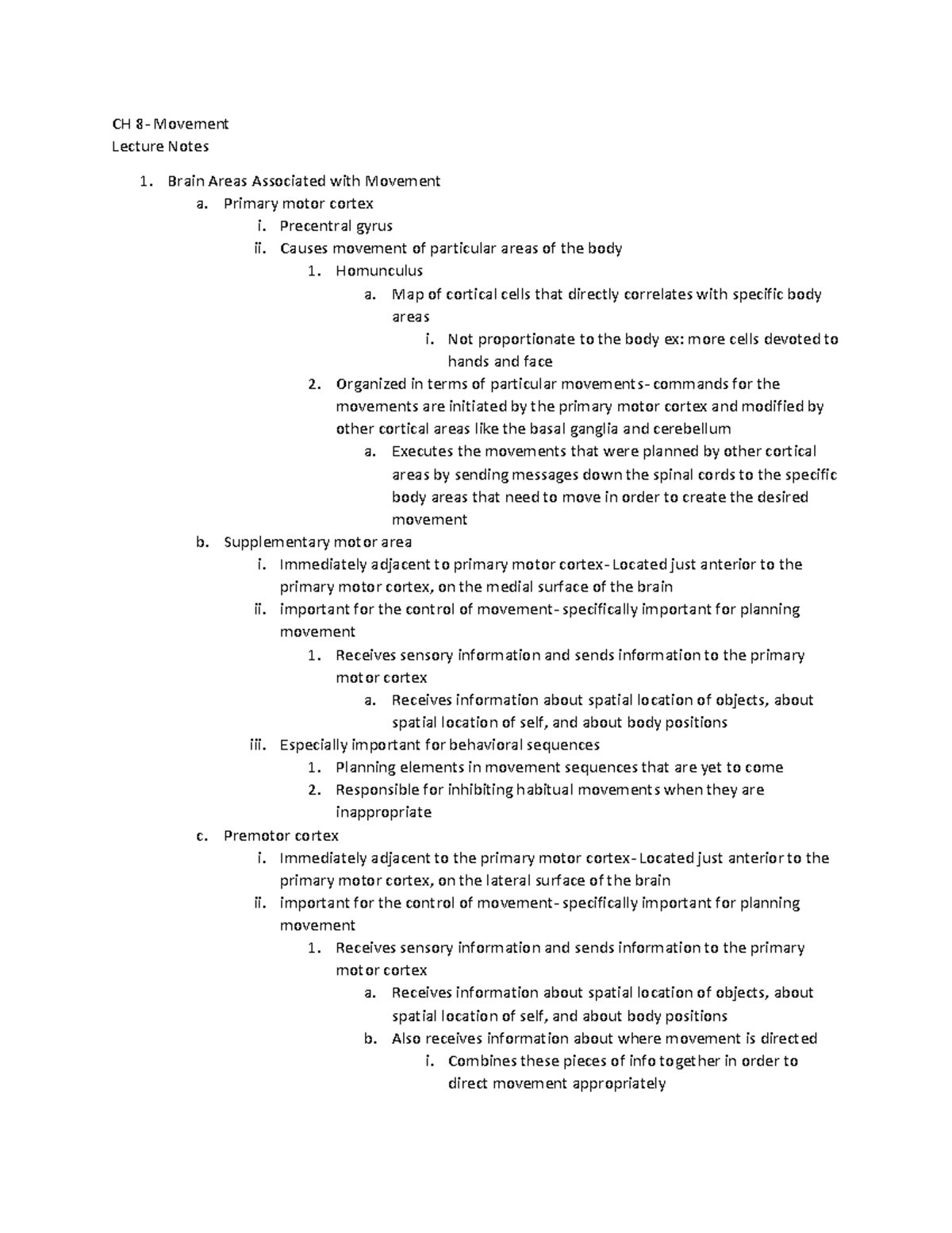 Chapter 8 (movement) Lecture Notes - CH 8- Movement Lecture Notes Brain ...