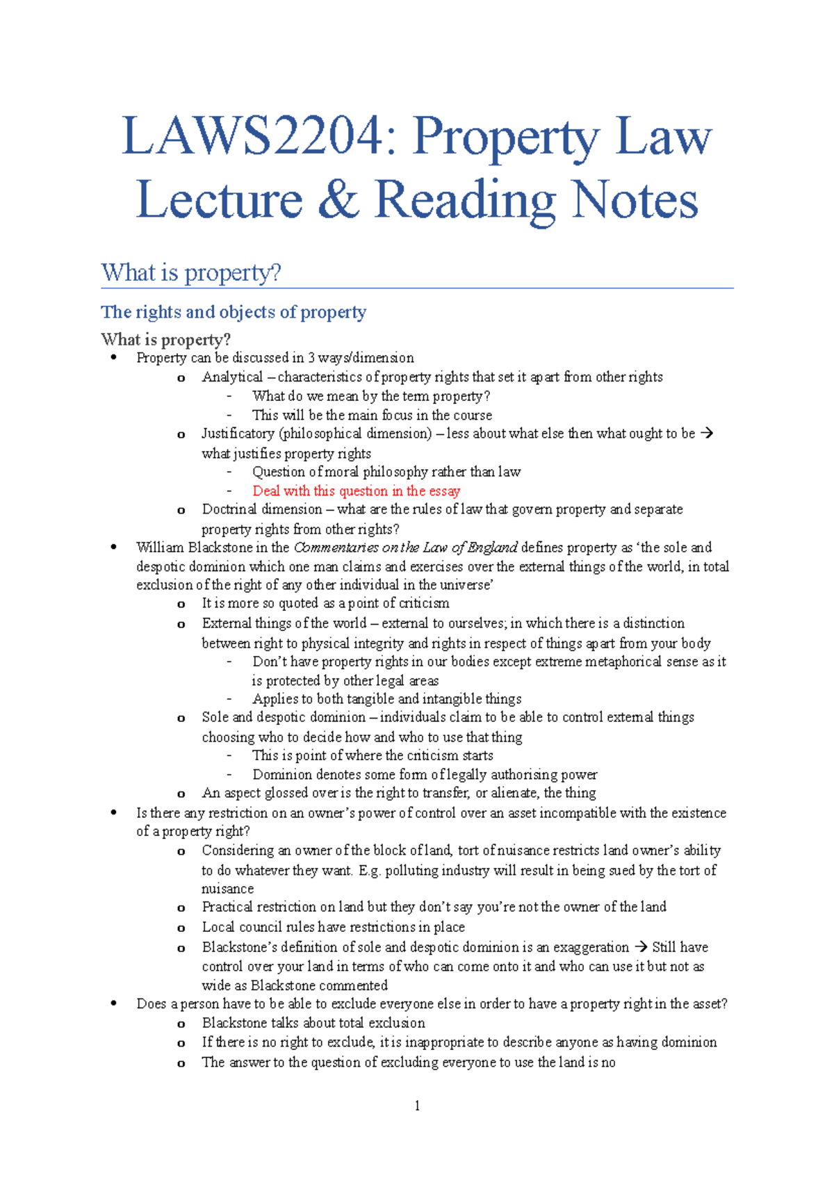 Lectures and Reading Notes - LAWS2204: Property Law Lecture & Reading ...