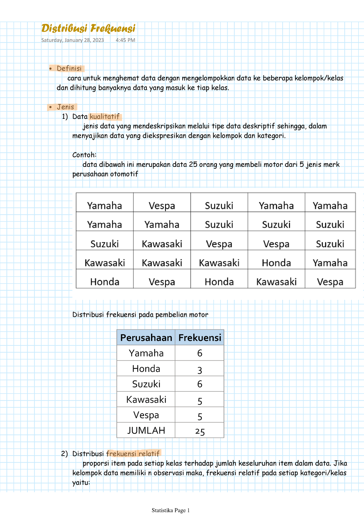 1. Statistika - Distribusi Frekuensi - • Definisi Cara Untuk Menghemat ...