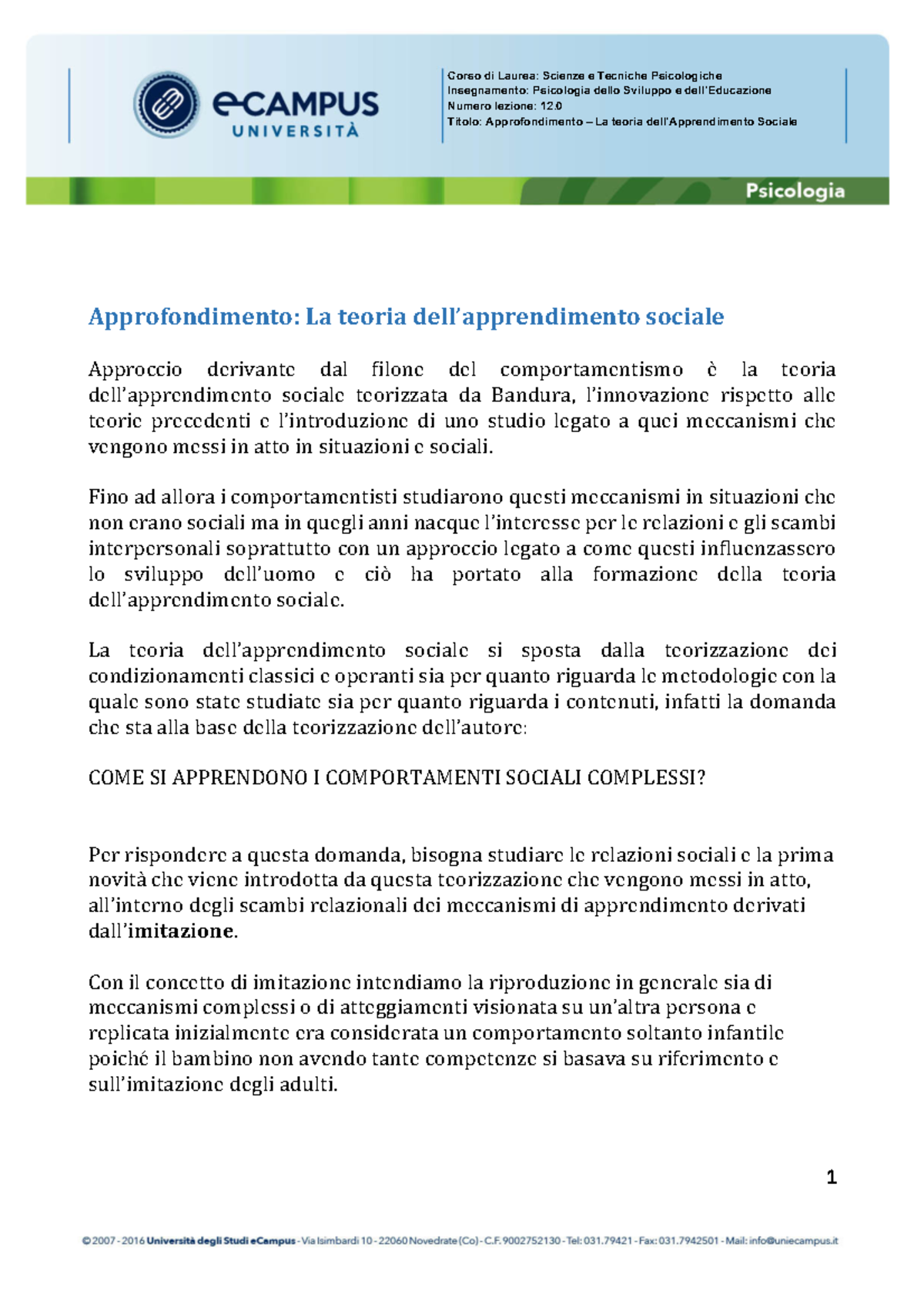 Lez 12 psi e svil - esercitazione psi e svil - Insegnamento: Psicologia ...