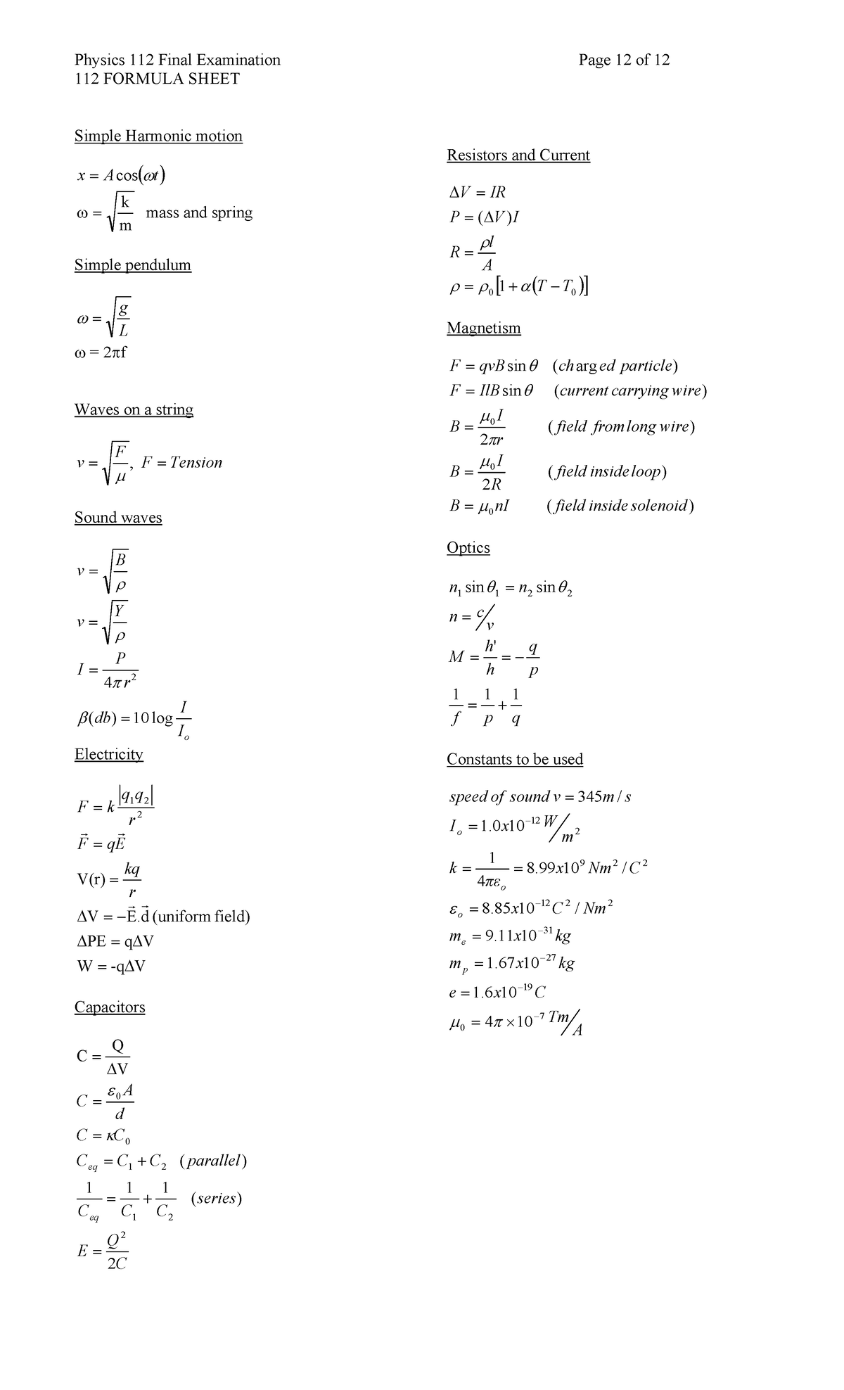 Equation-sheet - equation sheet - Physics 112 Final Examination Page 12 ...