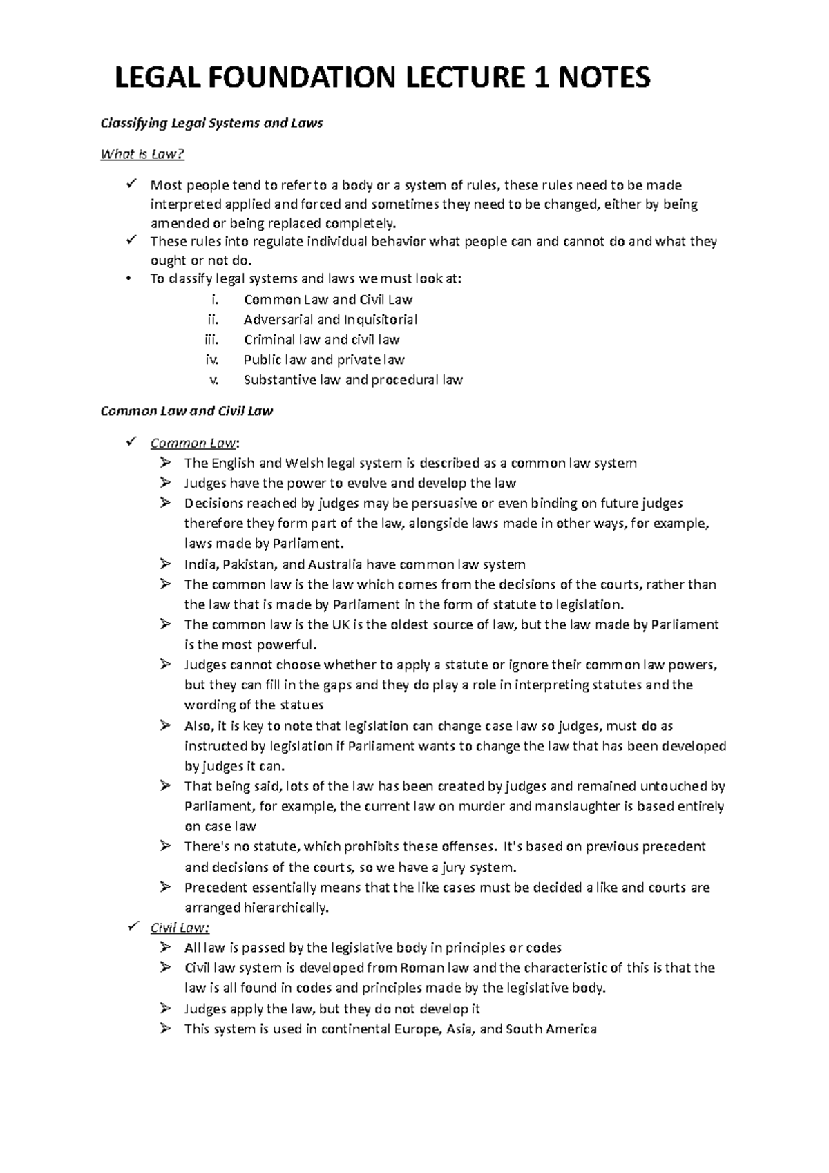 Legal Foundations Lecture 1 Notes Classifying Legal Systems and Laws