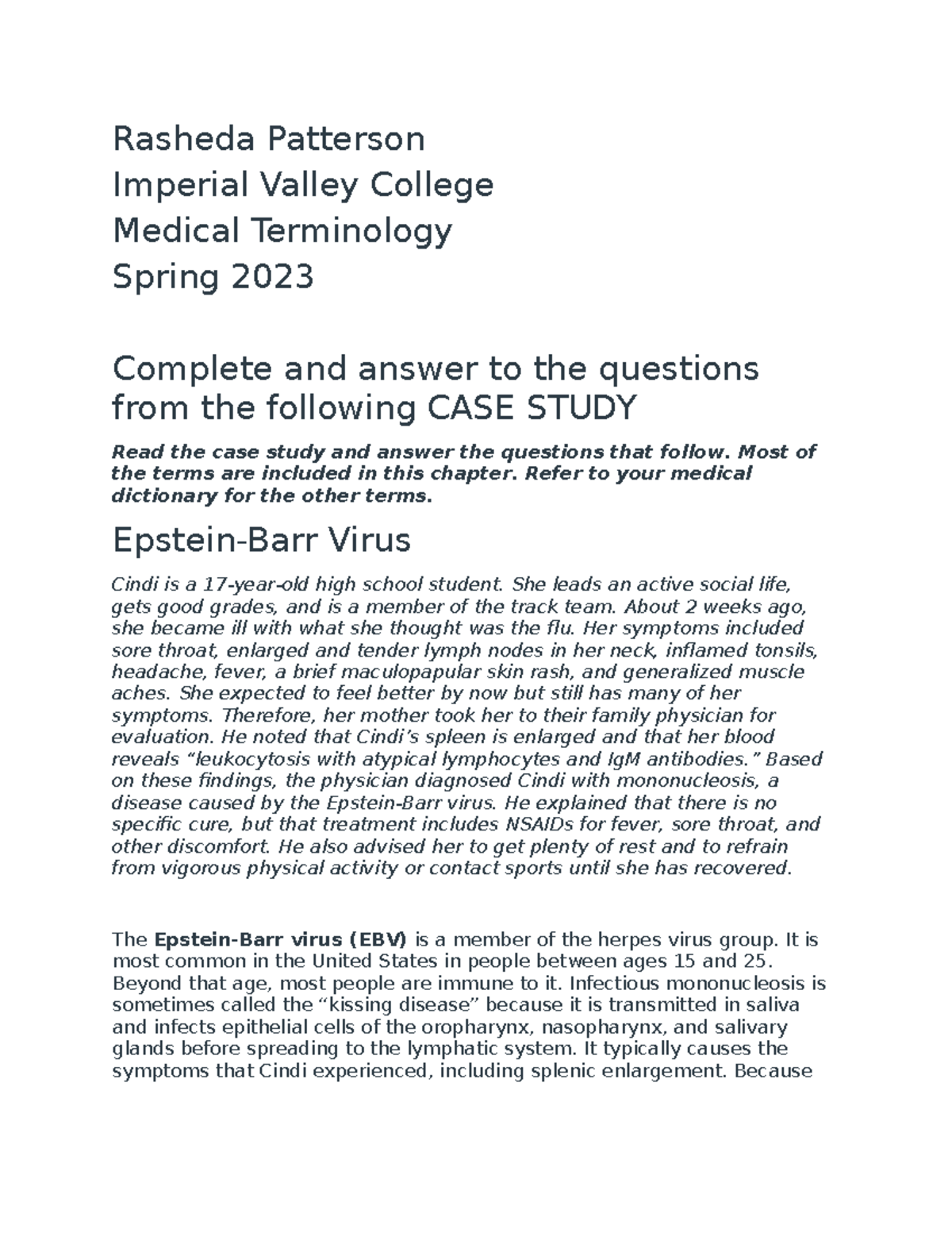 IVC Med. Term Case Study - Rasheda Patterson Imperial Valley College ...