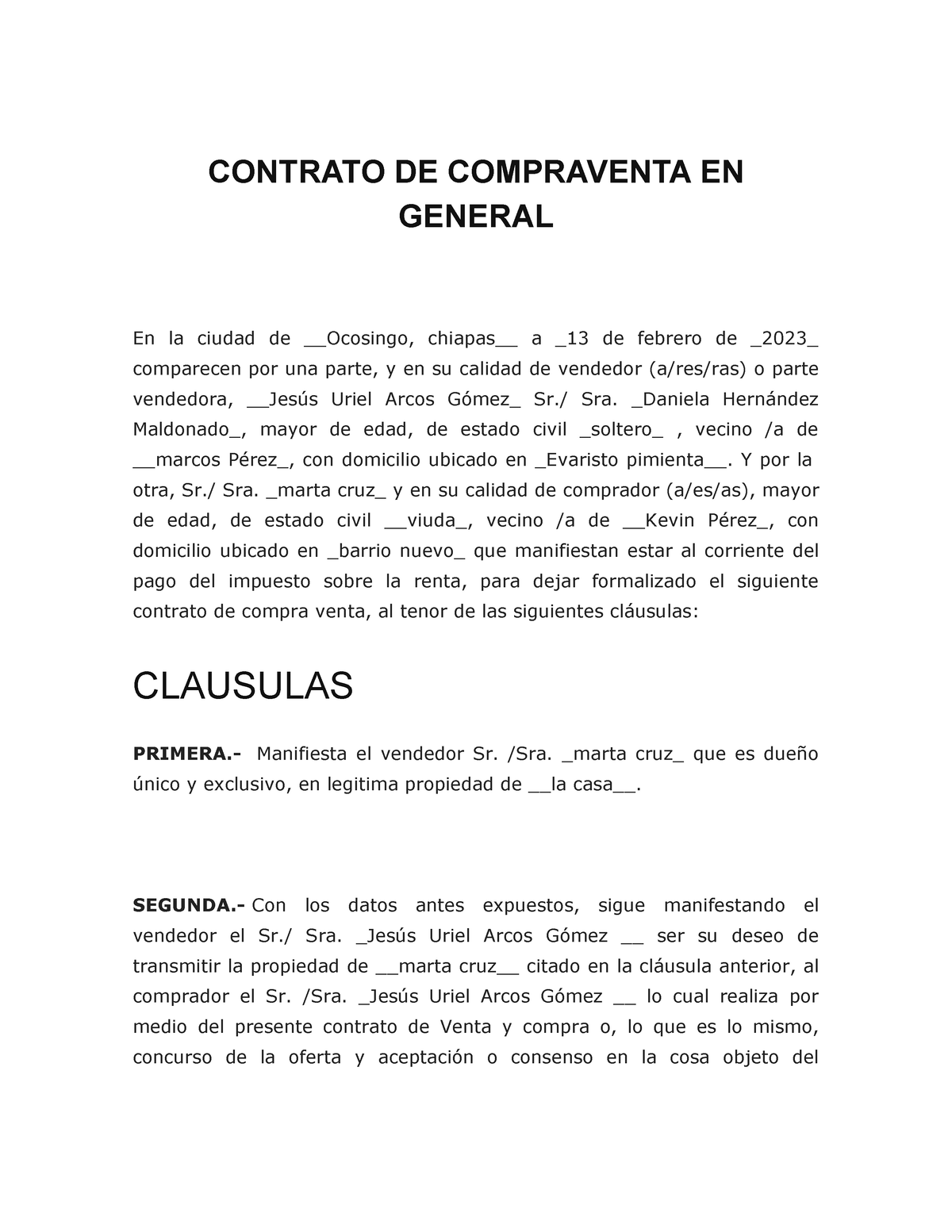Contrato De Compraventa En General Contrato De Compraventa En General En La Ciudad De Ocosingo 4225