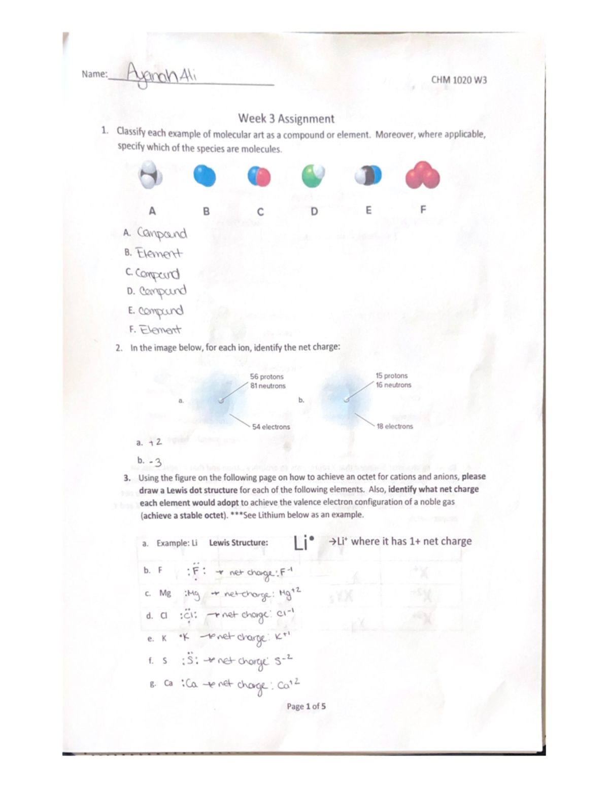 CHEM1020 Week 3 - Lab - Wm Doce CHM 1020 W3 Week 3 Assignment 1 ...