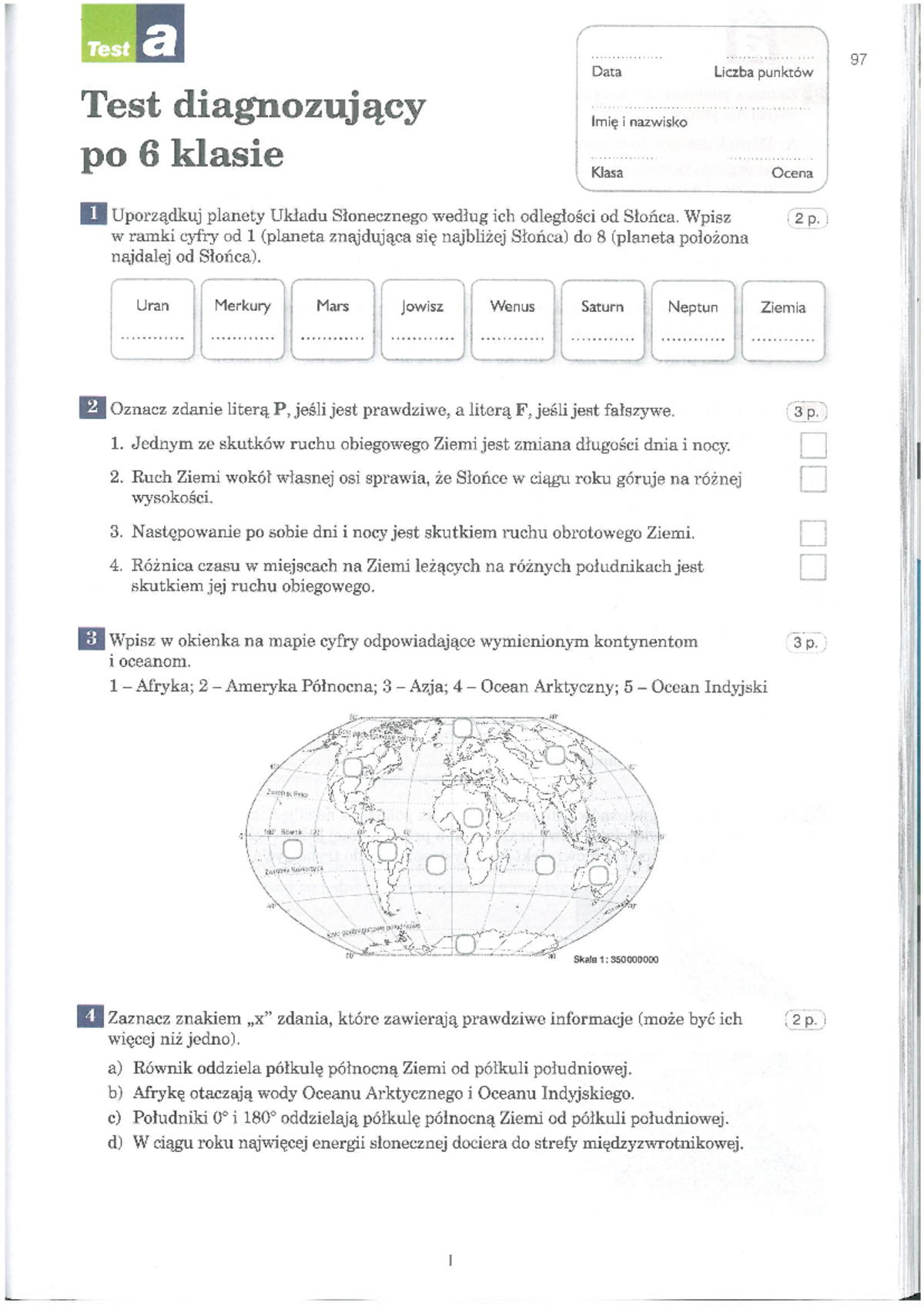 Test diagnozujacy po klasie 6 - Test a 97 Data Liczba punktów Test