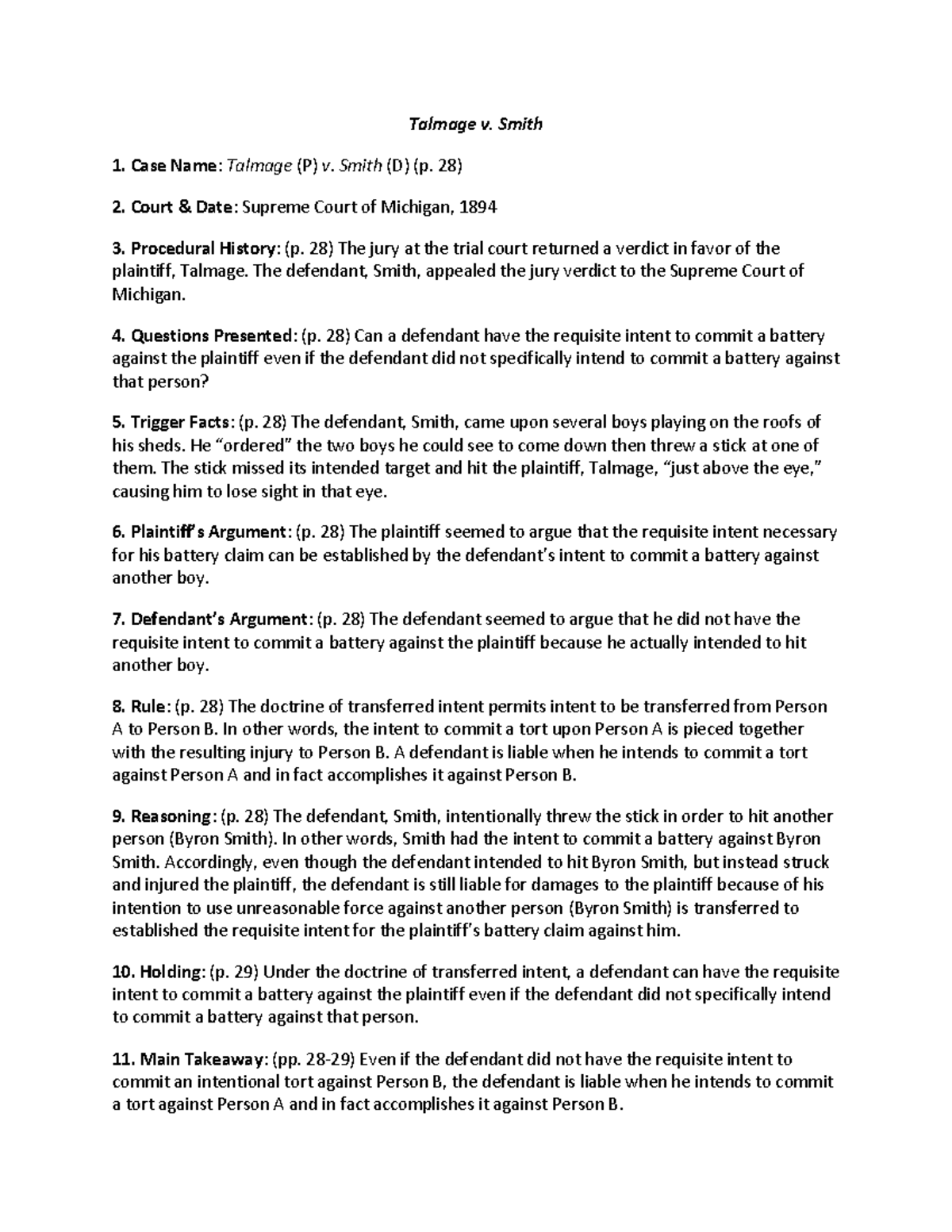 Talmage v Smith torts Talmage v. Smith 1. Case Name Talmage (P) v