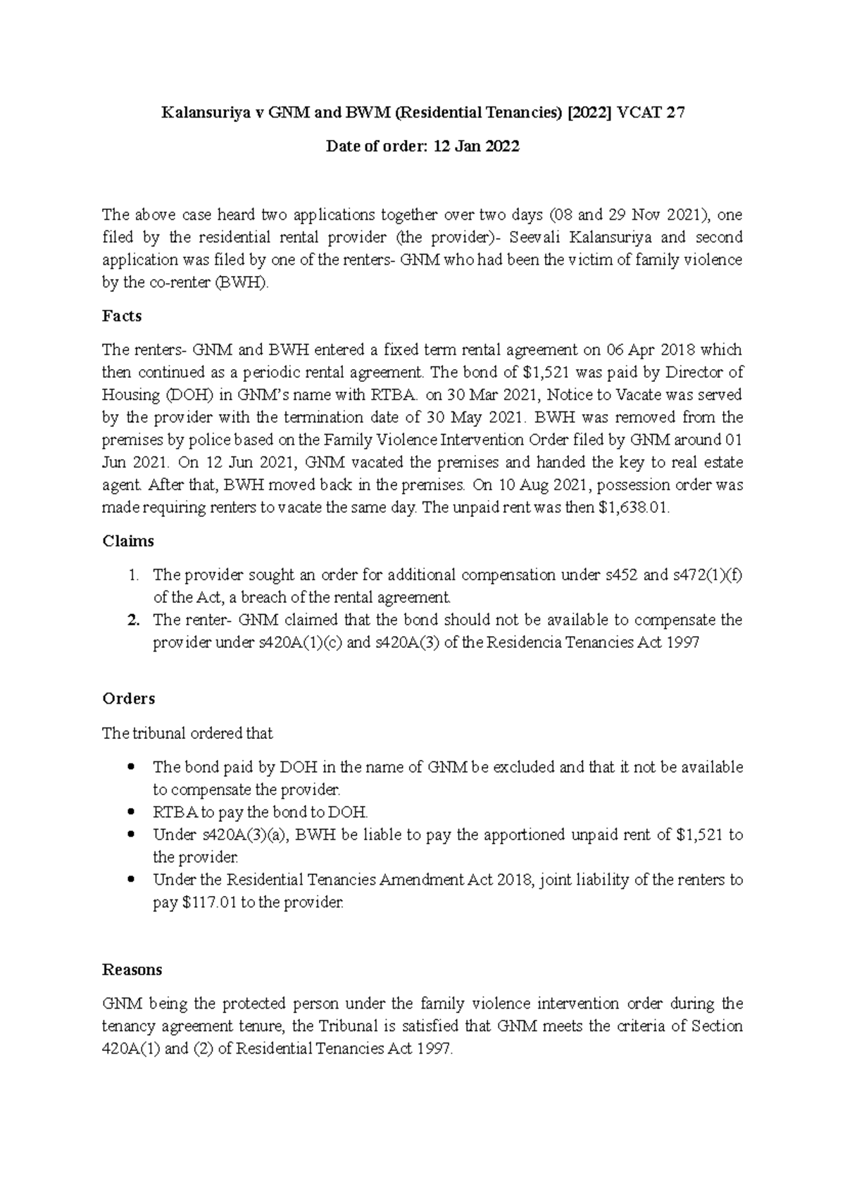 Q 1 Case Summary Kalansuriya v GNM and BWM (Residential Tenancies) [2022] VCAT 27 Date of