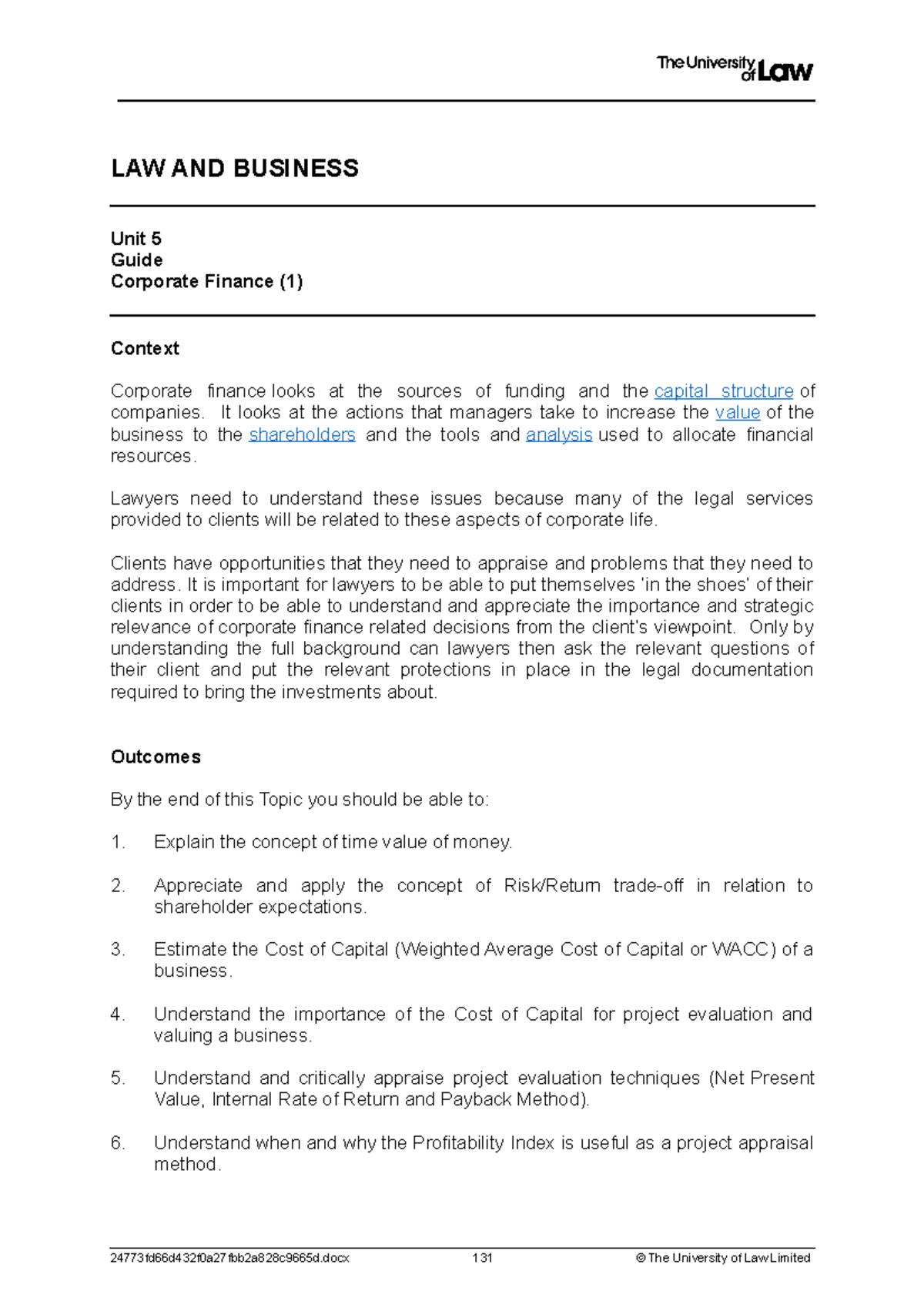 Workshop Guide - Corporate finance - LAW AND BUSINESS Unit 5 Guide ...