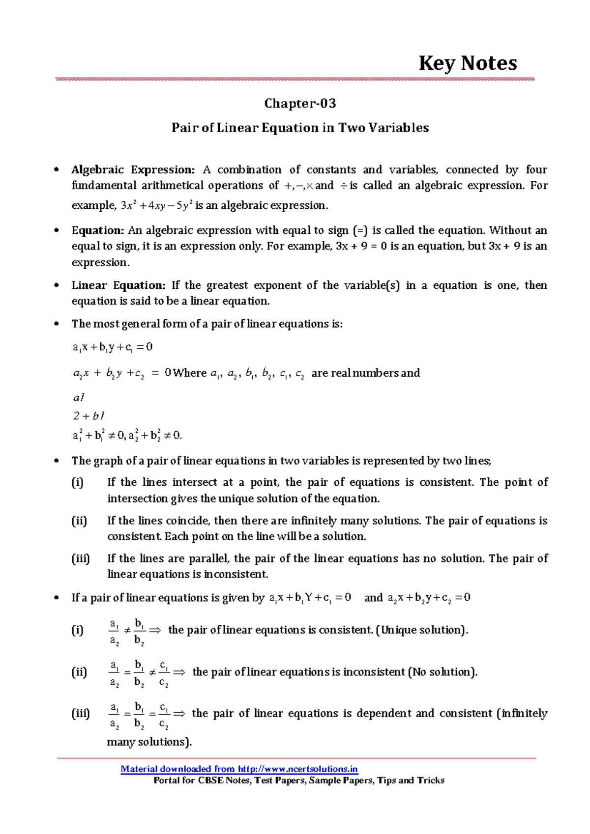 10 Maths Key Notes Ch 03 Pair Of Linear Equation In Two Variables Key 