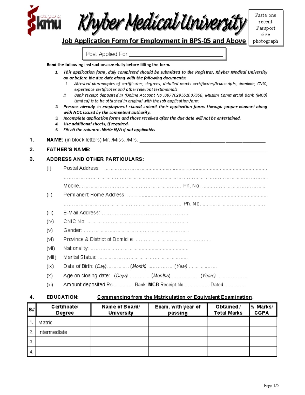KMU Form - Job Application Form for Employment in BPS-05 and Above Post ...