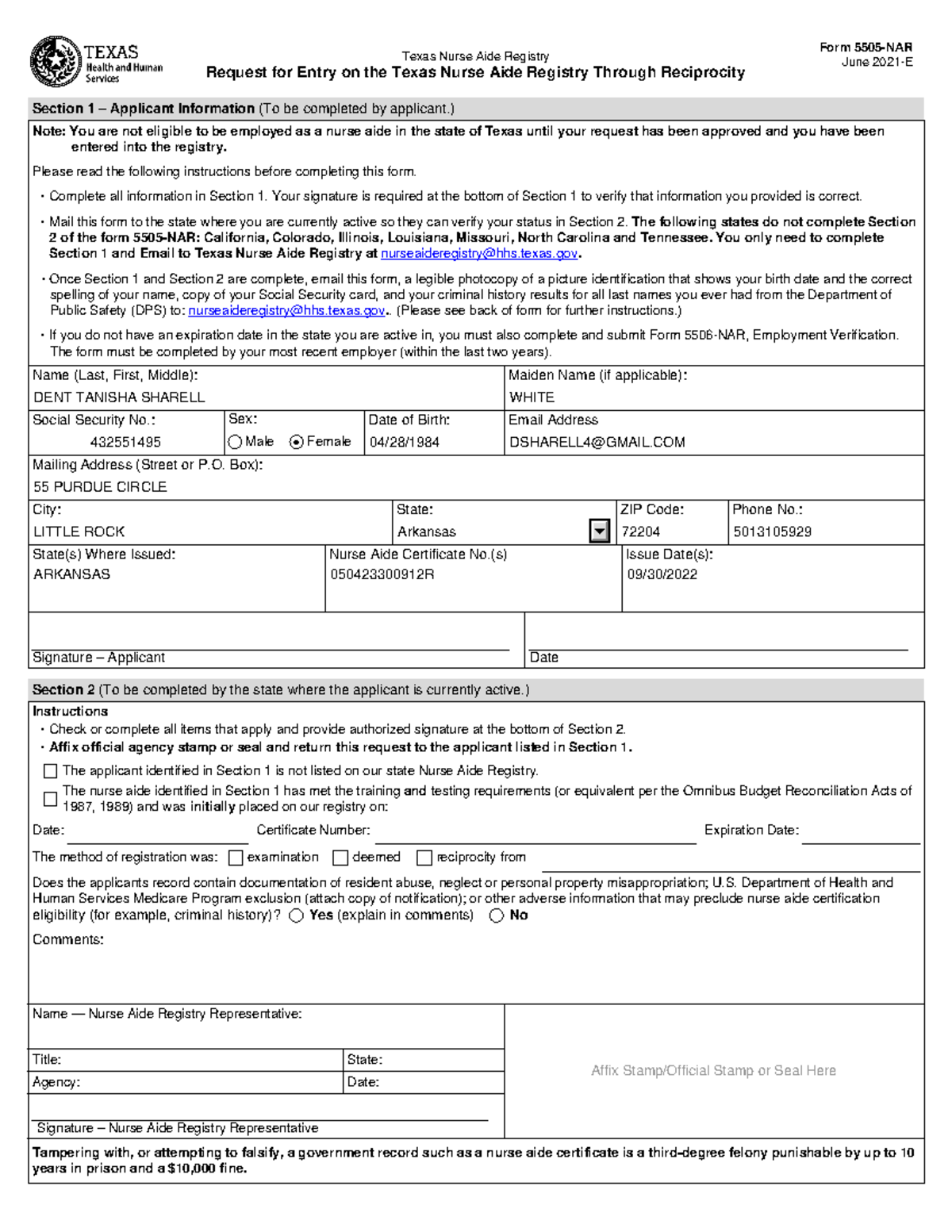 5505-NAR - hgg g - Form 5505-NAR Texas Nurse Aide Registry June 2021-E ...