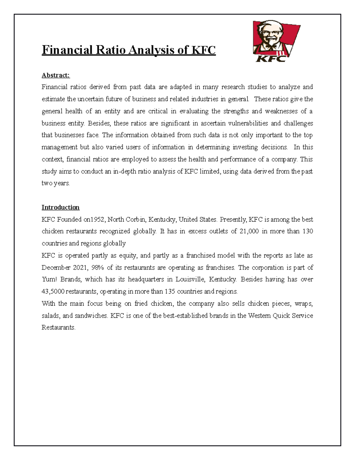 KFC business benefits Financial Ratio Analysis of KFC Abstract