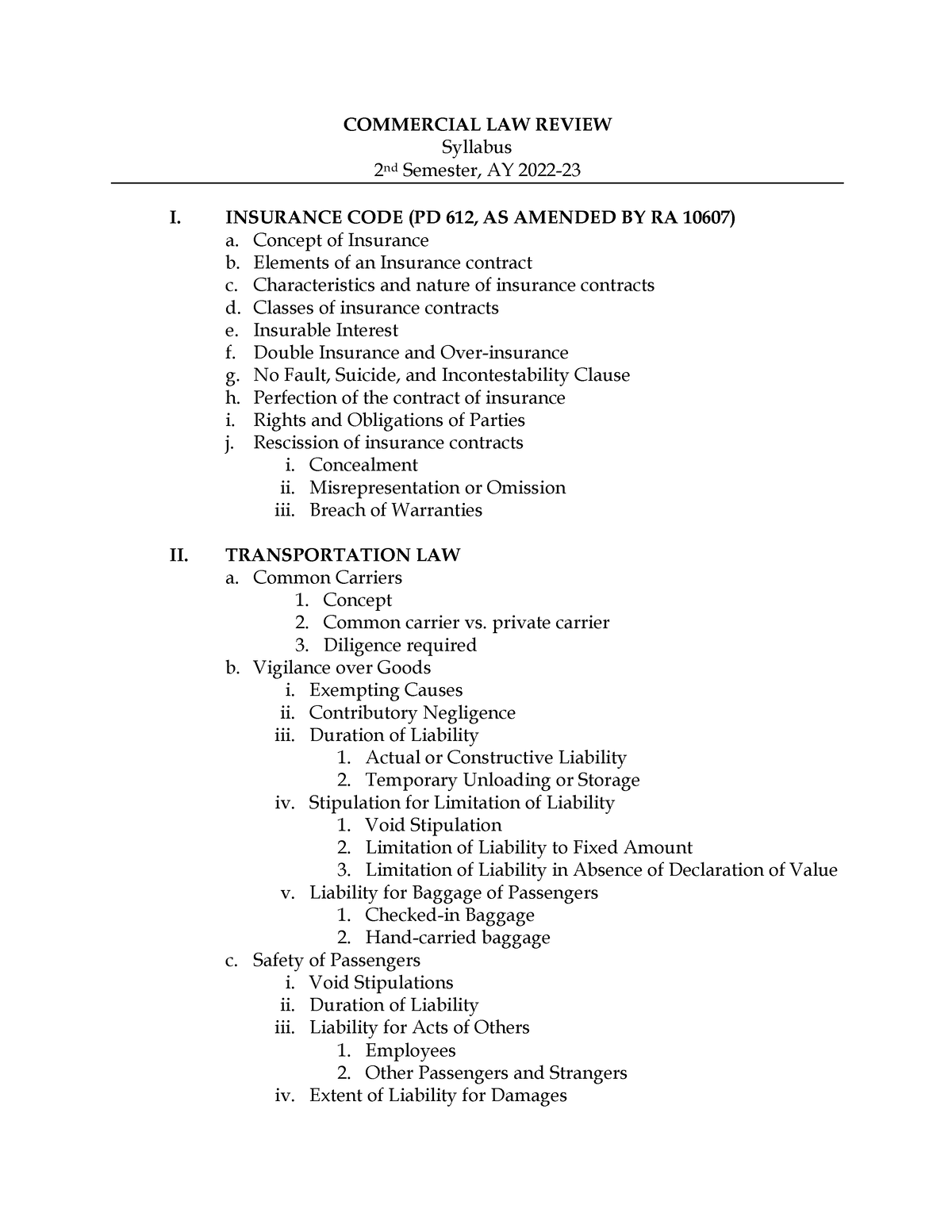 Commlawrev Syllabus 22-23 - Commercial Law Review Syllabus 2 Nd 