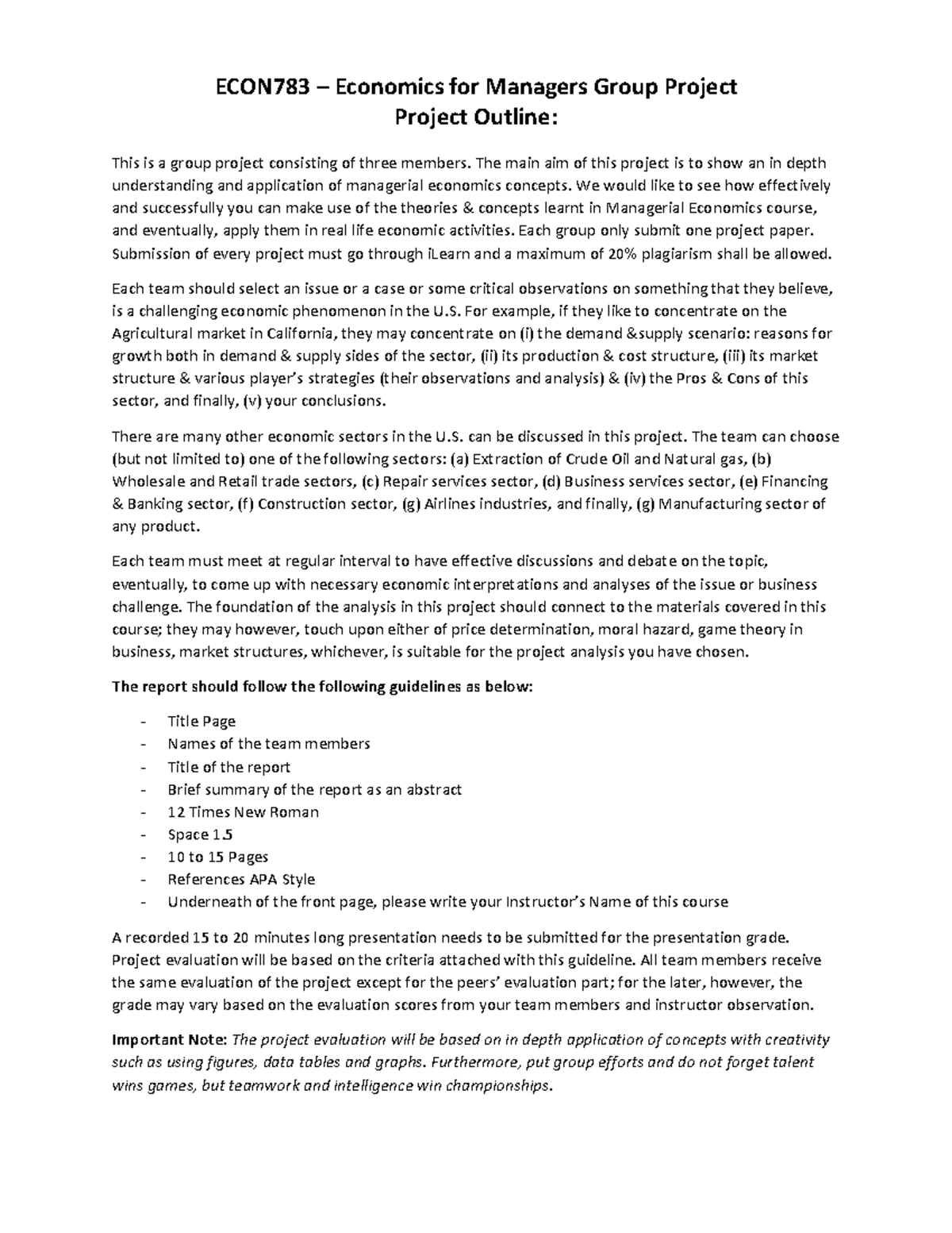 ECON783 Group Project Documentation - ECON783 – Economics for Managers ...