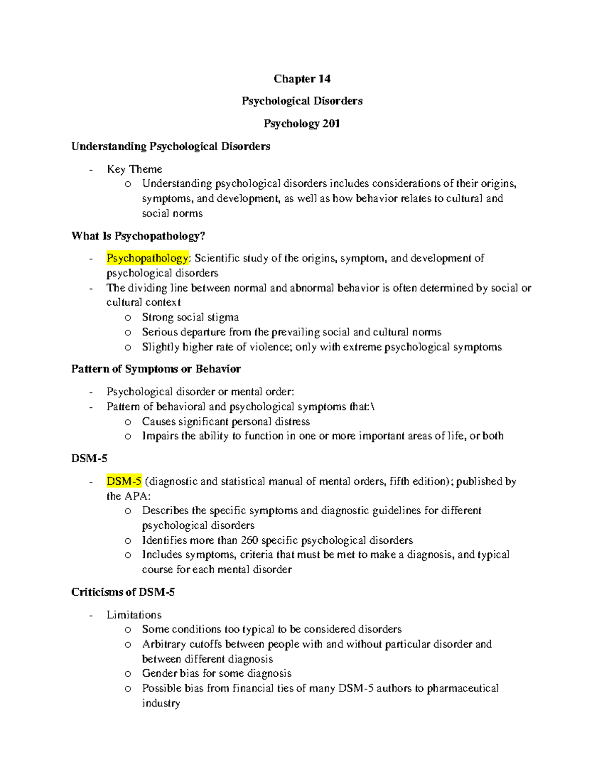 Psych 201 Chapter 14 Notes - Chapter 14 Psychological Disorders ...