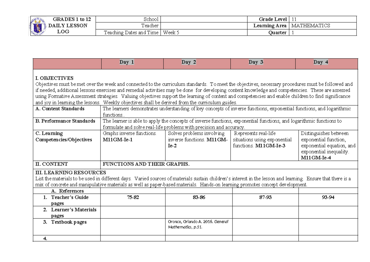 DLL Gen Math Week 5 - DLL - GRADES 1 to 12 DAILY LESSON LOG School ...