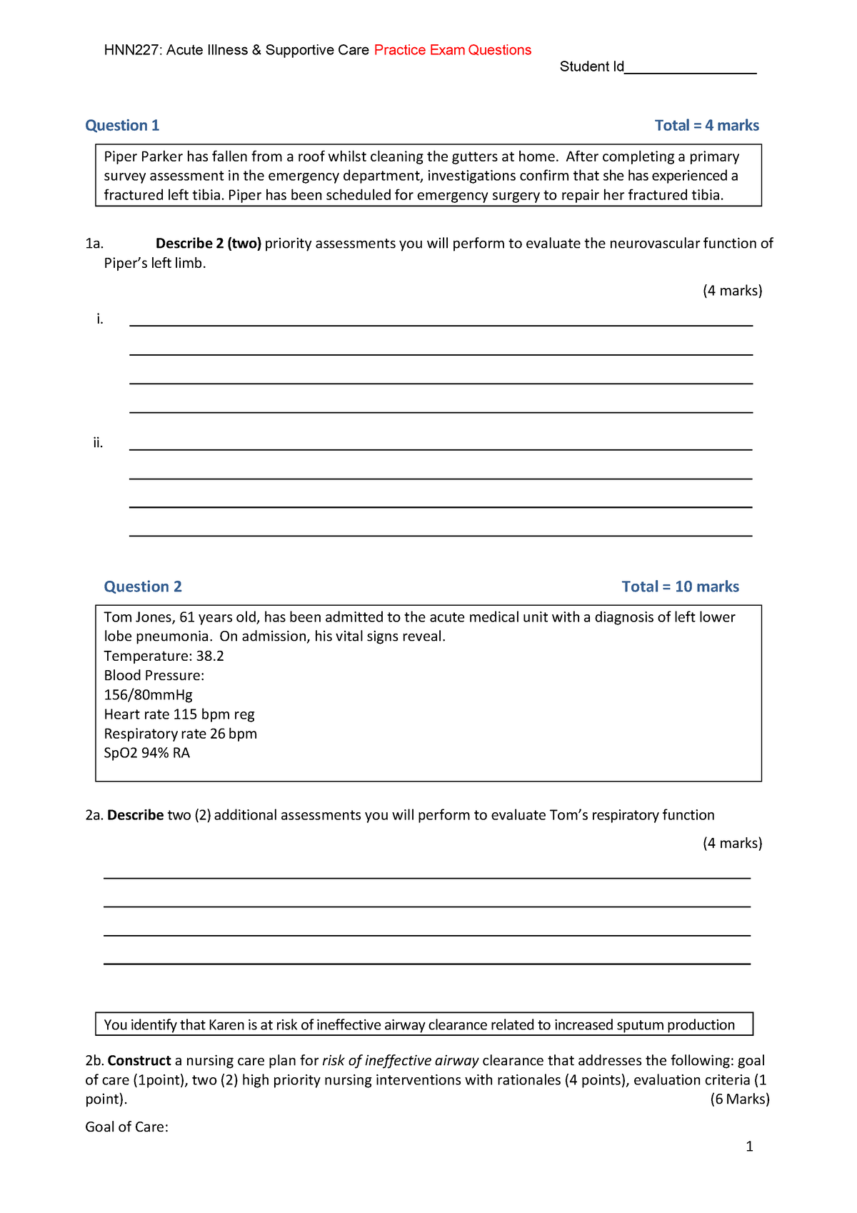 HNN227 practice exam questions 20222 - HNN227: Acute Illness ...