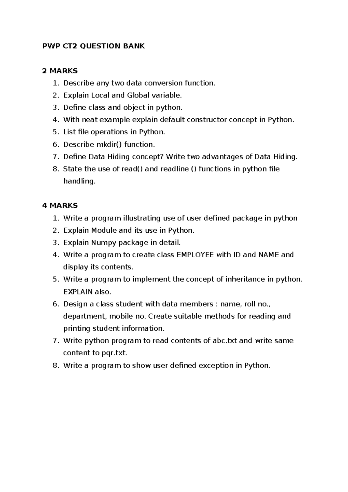 PWP CT2 Question BANK - PWP CT2 QUESTION BANK 2 MARKS Describe any two ...