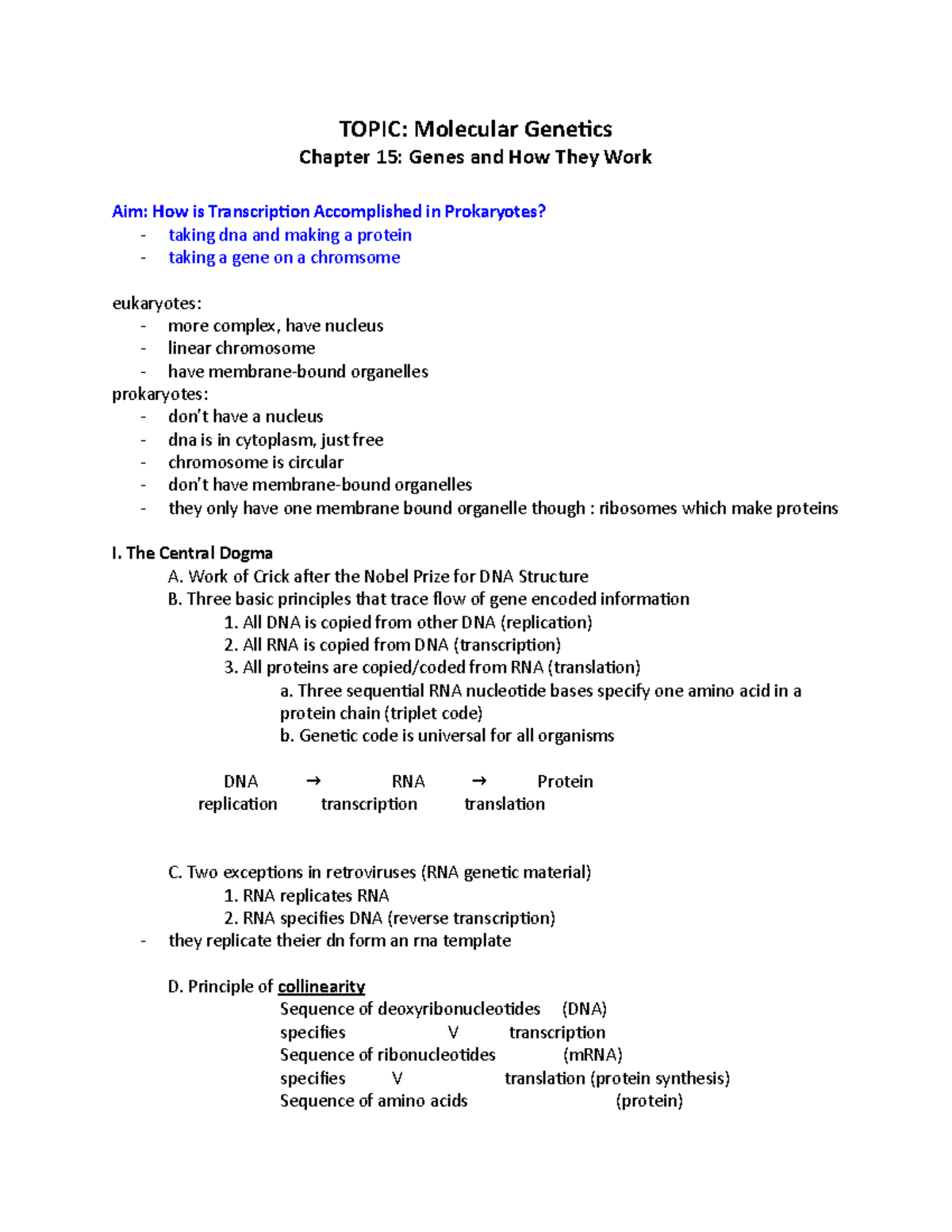 Gene Expression Notes TOPIC Molecular Chapter 15 Genes and