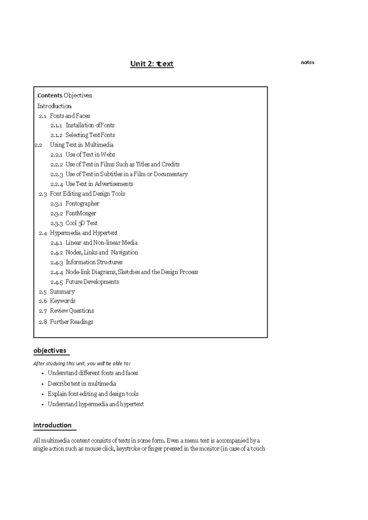 Multimedia systems Unit2 Uni t 2 t ext notes objectives After