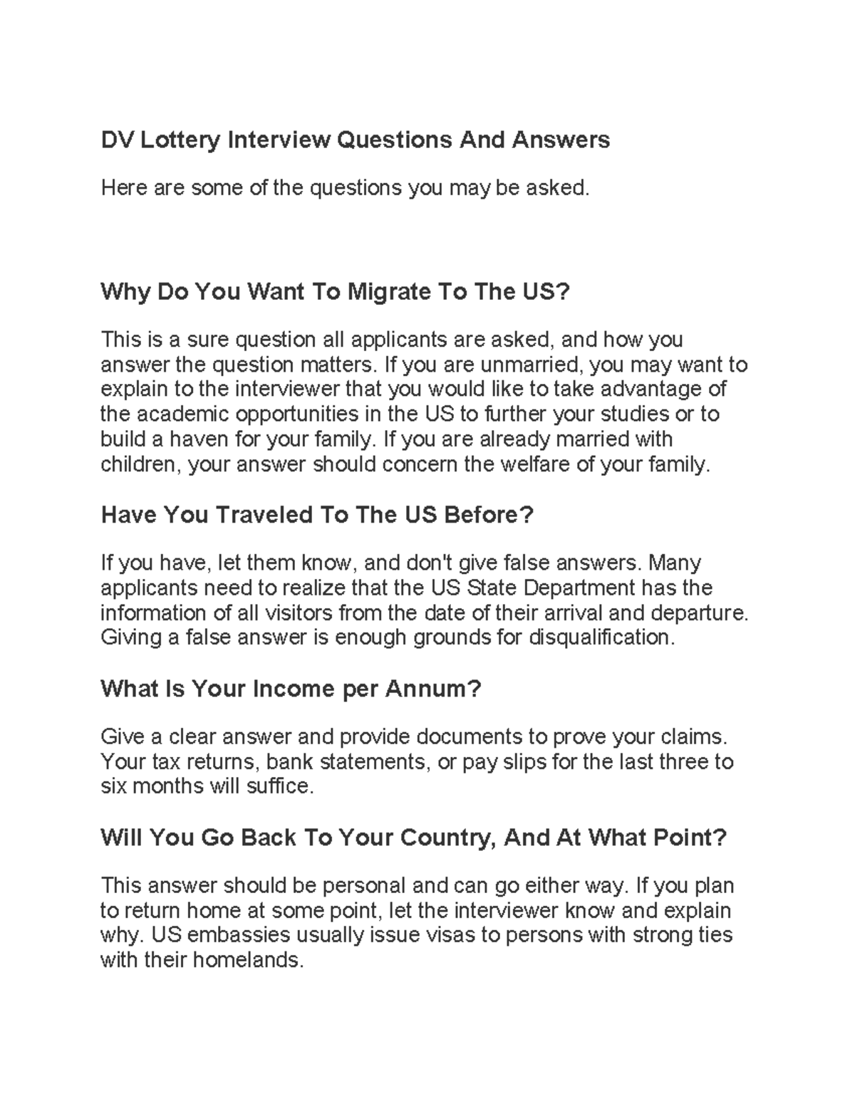 DV 2025 DV Lottery Interview Questions And Answers Here are some of