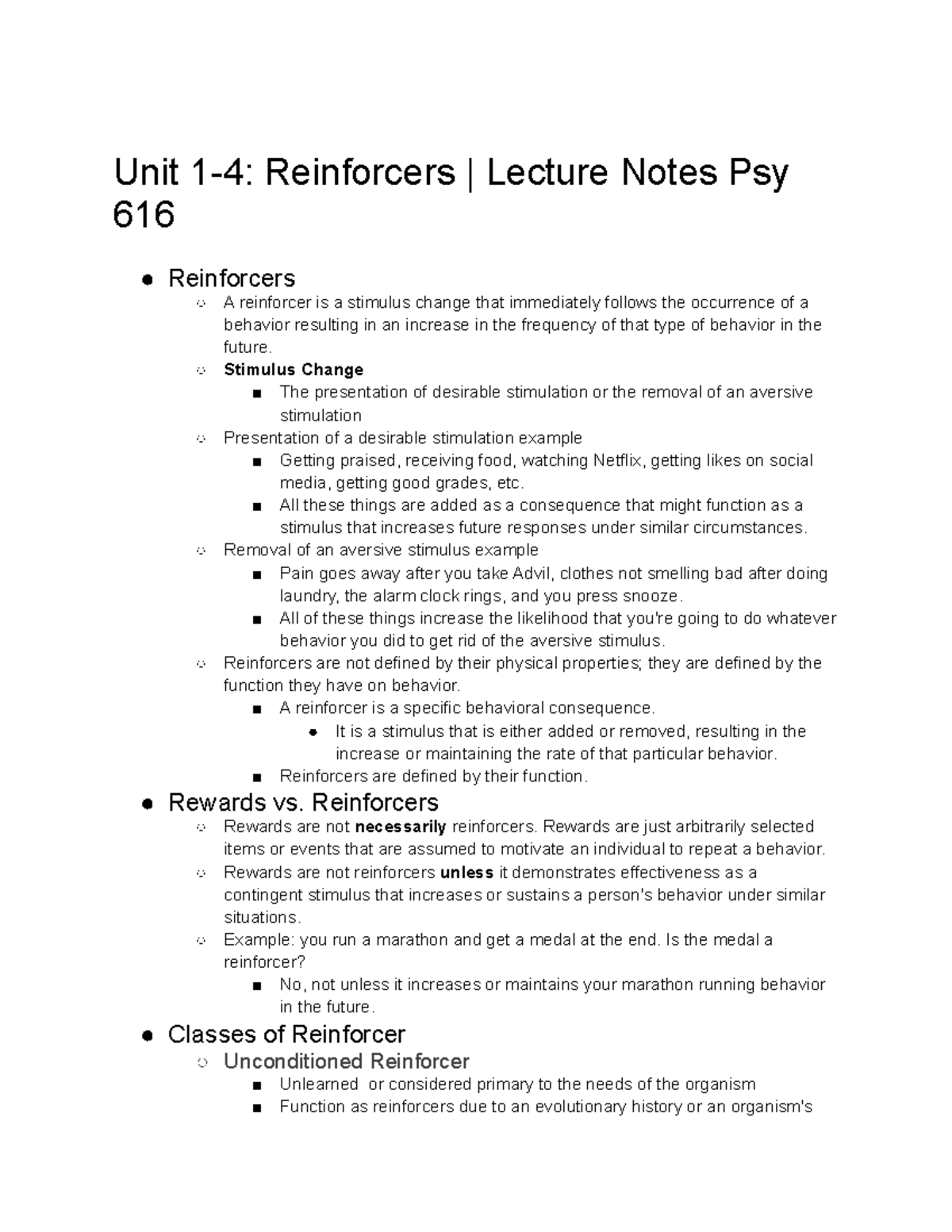 Unt 1-4 Lecture Notes Reinforcers - psy 616 - Unit 1-4: Reinforcers ...