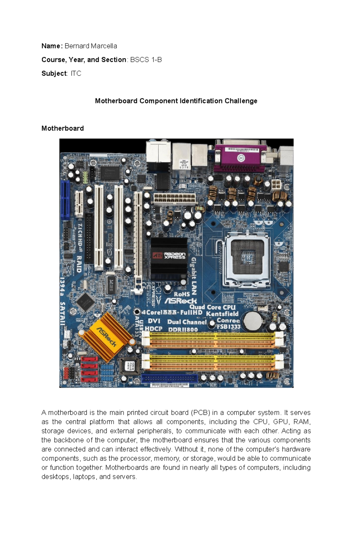 Lab Activity Computer System - Name: Bernard Marcella Course, Year, and ...