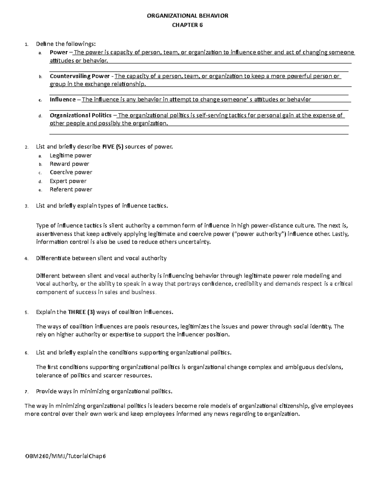Tutorial Chap 6 OBM 260 - Assignment - ORGANIZATIONAL BEHAVIOR CHAPTER ...